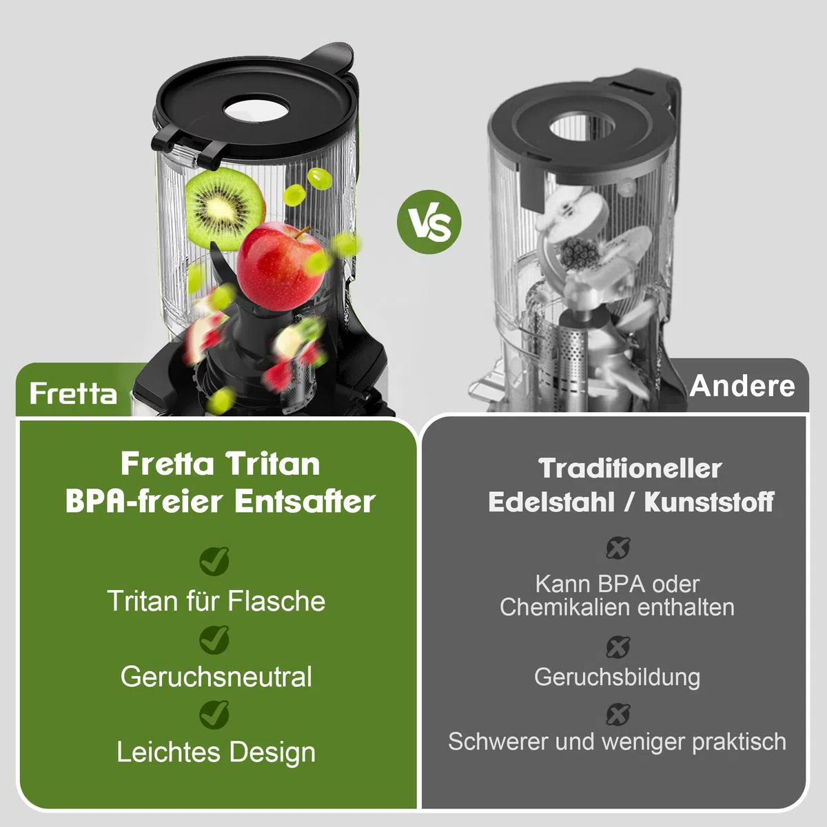 Fretta Entsafter Slow Juicer Edelstahl Entsafter Gemüse und Obst Testsieger | 135MM Öffnung & 1,8L Juicer Machine mit Umkehrfunktion, Einfache Installation, Leicht zu Reinigen, 100% BPA Frei, 250W