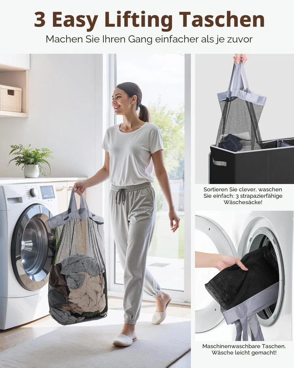 SOLEDI 180L Wäschekorb, Wäschesammler mit Deckel, 3 Fächer und 3 Wäschesack - Großer XXXL Wäschesortierer für Badezimmer, Schlafzimmer, Wäschekammer, Kinderzimmer - 3 x 60L