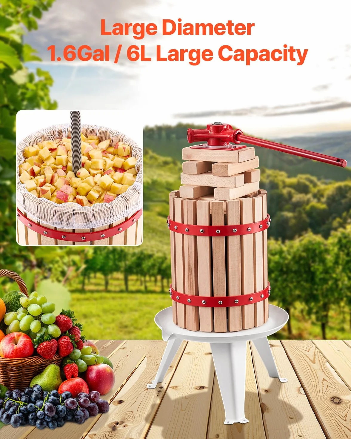 VEVOR Obstweinpresse Obstmühle (6 L) mit Massivholzkorb mit 8 Blöcken, robuster manueller Entsafter, Apfelweinpresse Apfelpresse Traubenpresse Olivenölpresse mit Griff, Saftpresse für Küche