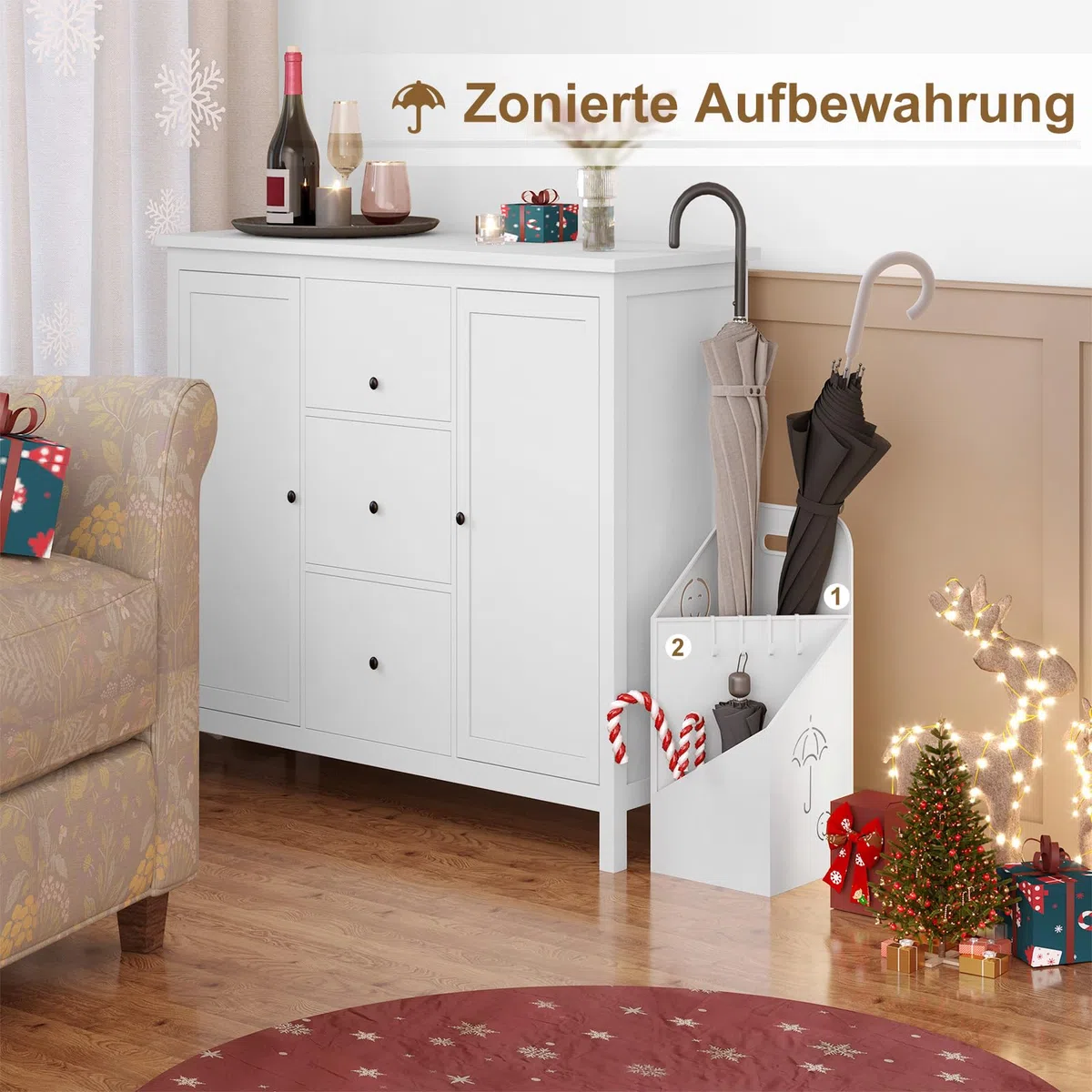 WOLTU Regenschirmständer 2 Slots, Schirmständer Regenschirm, Regenschirmhalter mit Griff, 4 Haken, für Eingangsbereich, 20x49x20 cm, aus Metall, Weiß, SST14ws