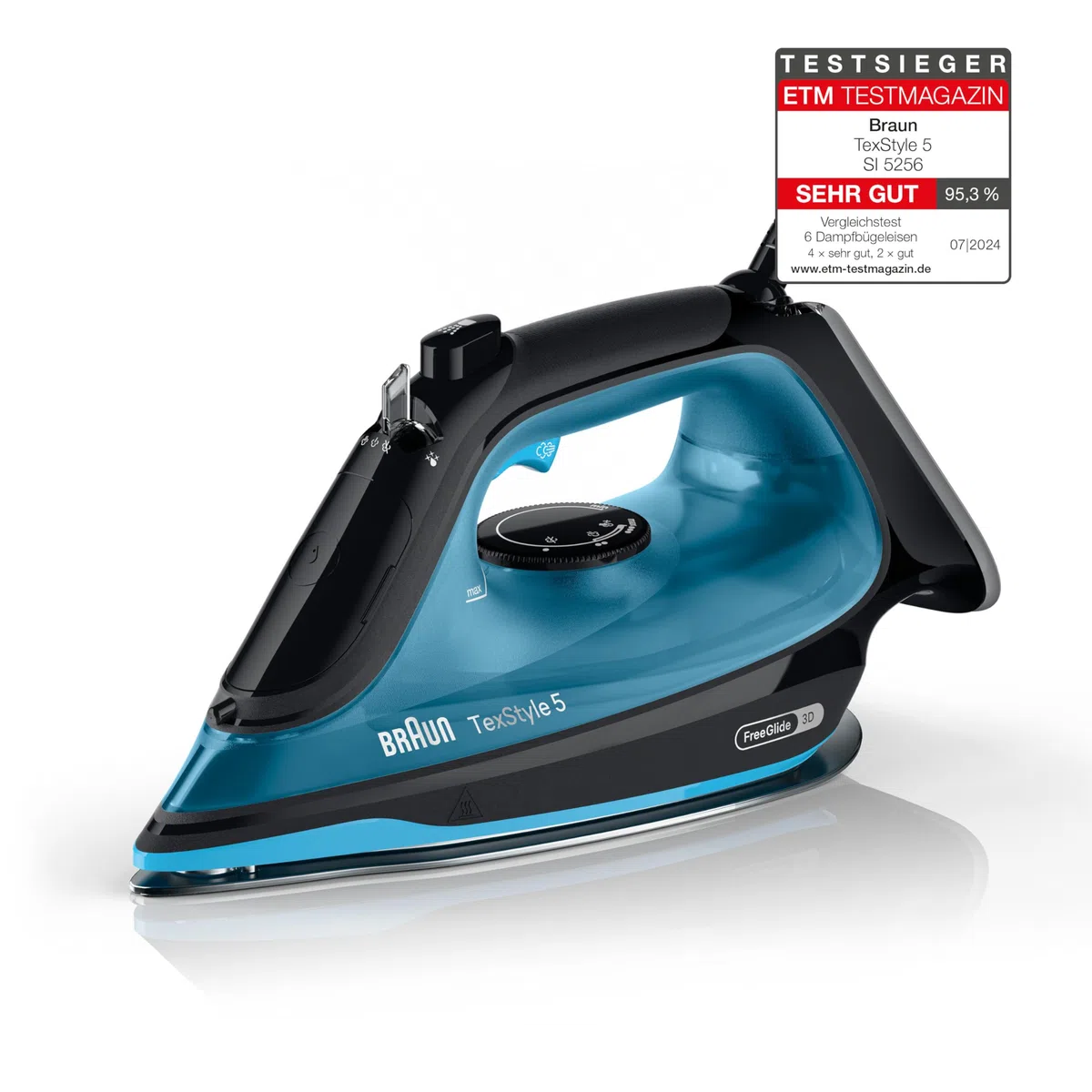 Braun TexStyle 5 SI5256 BL Dampfbügeleisen mit FreeGlide 3D Bügelsohle, Präzisionsspitze, Vertikaldampf, Anti-Tropf-System, 210 g/min Dampfstoß, 300ml Wassertank, 2600W, Schwarz/Blau
