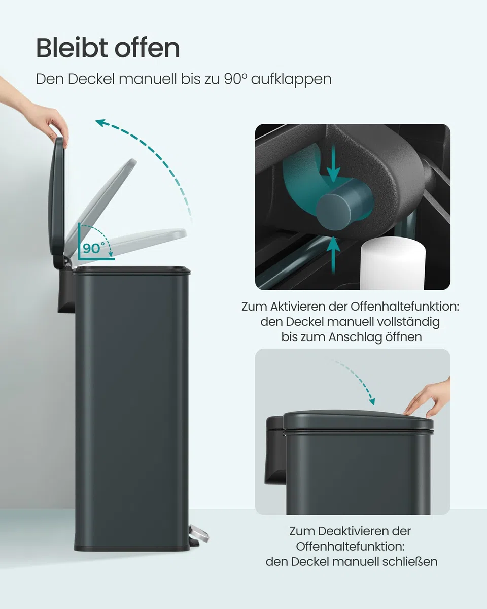 SONGMICS Mülleimer Küche, 40 Liter Abfalleimer, großer Tretmülleimer, mit Deckel, aus Stahl, Softclose, inklusive 15 Müllbeutel, anthrazitgrau LTB540G02