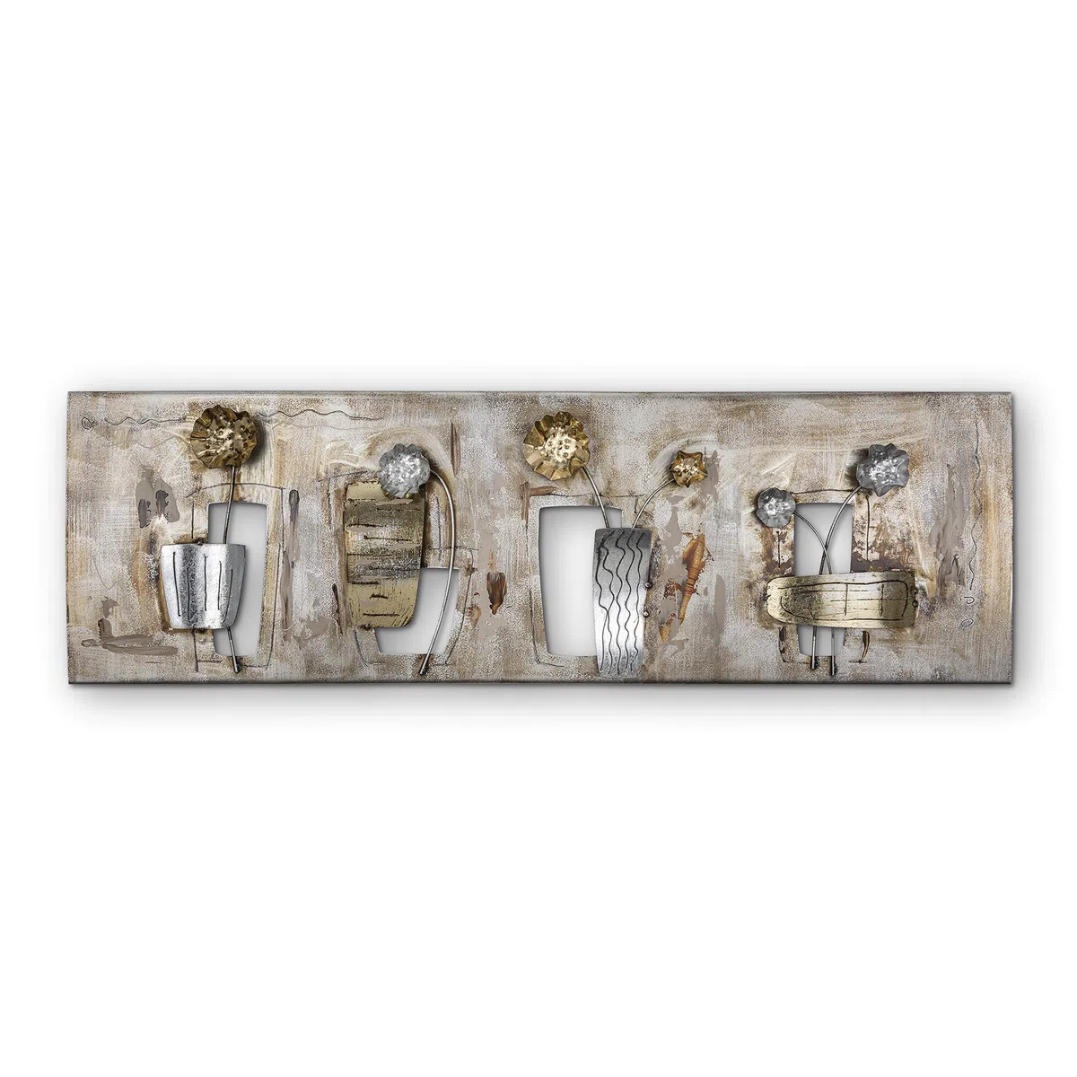 House of Arts | Metallbild 'Planteuse' | Moderne Wanddekoration mit Blumen | Wandbild 3D Wandrelief | Wanddeko Hergestellt in Handarbeit aus Metall | 120 x 40 cm | Bronze Silber Gold