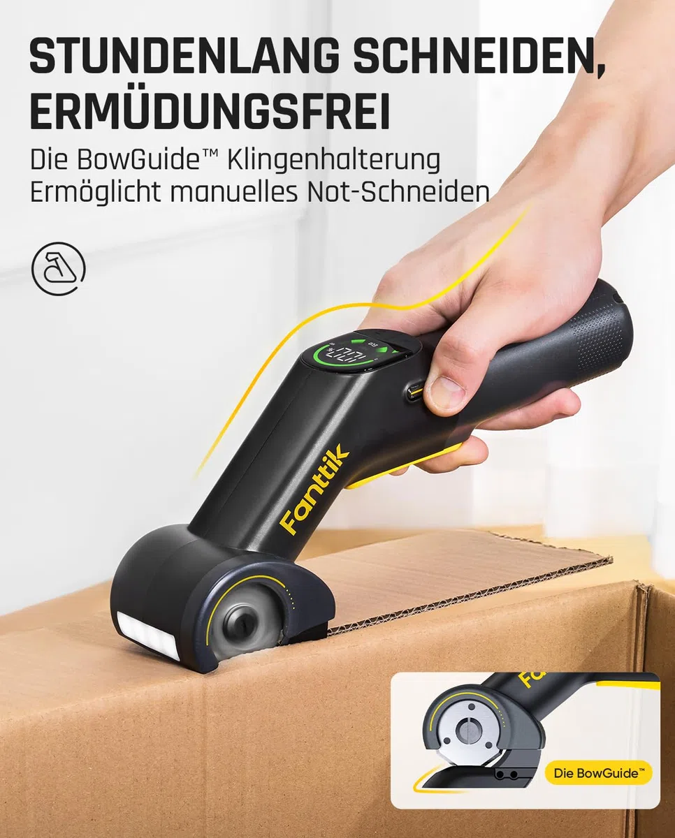 Fanttik C10 Pro BowGuide Elektrischer Kartonschneider, Kalbellose Schere mit LED Anzeige, 2-Geschwindigkeiten, Wiederaufladbarer Rotationsschneider mit Klingen für Stoff, Teppich, Leder, Karton