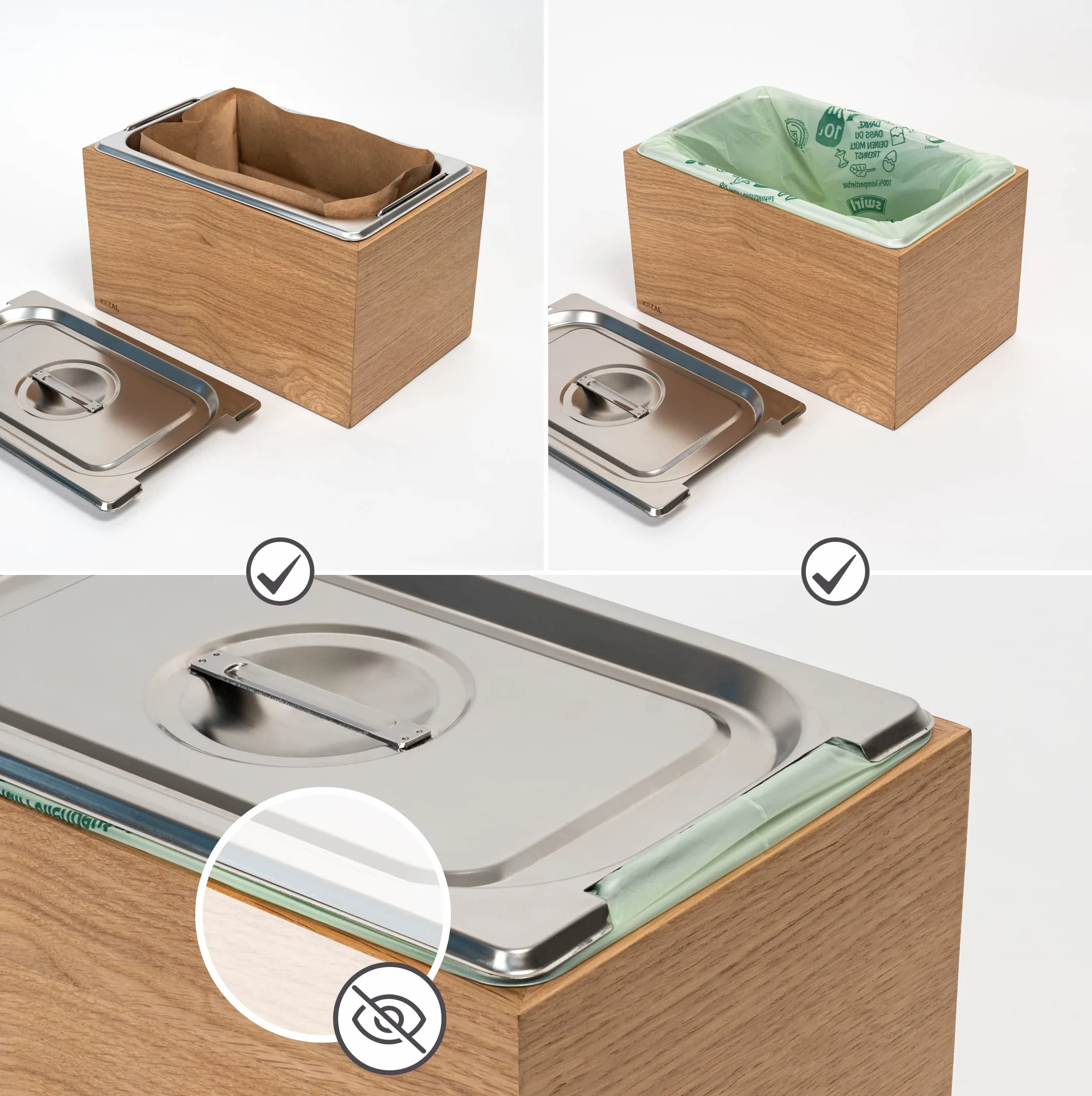 KAZAI. Design Bio-Mülleimer -Holma- | 4.5L, Spülmaschinenfest und aus Echtholz-Veneer | Küchen Komposteimer für Bio-Abfall | Eiche