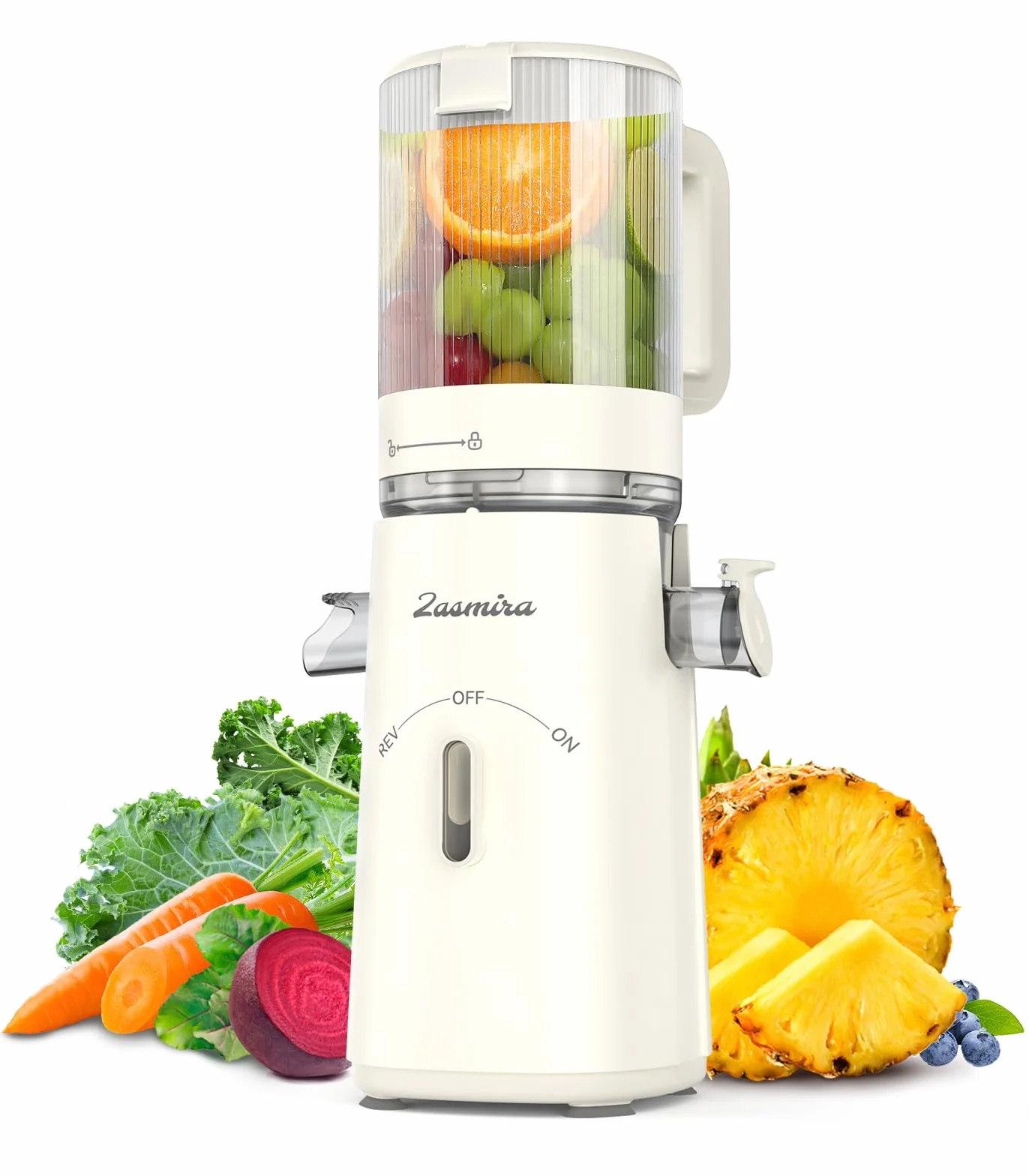 Zasmira Entsafter Slow Juicer mit hohem Drehmoment und 120MM-Einfüllschacht, Kein Vorschneiden entsafter für gemüse und obst, 99,6% Saftreinheit, 1,5L, REV-Modus, einfacher zu reinigen, Reinweiß