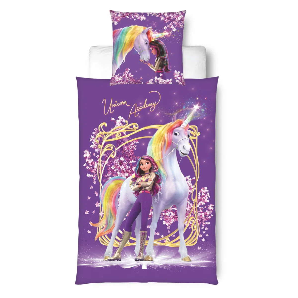 MTOnlinehandel Bettwäsche Unicorn Academy 135x200 - Kinder Geschenkidee, 1x Kissenbezug 80x80 + Bettbezug 135x200, mit Reißverschluss - Sophia & Wildstar