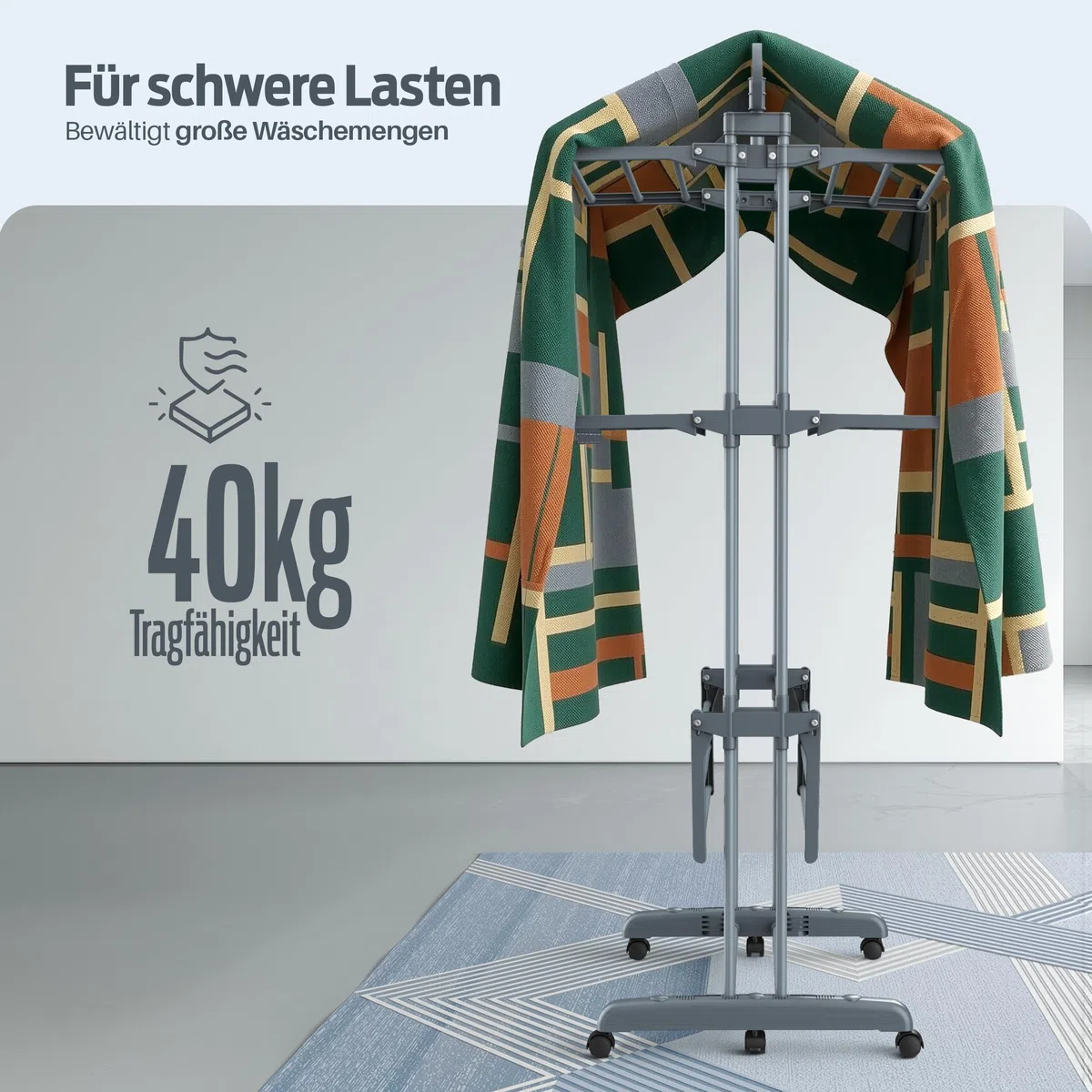 PORTENTUM Wäscheständer Turm klappbar mit 4 Ebenen und 24 Trockenstangen – Bis 40 kg – Wäschetrockner Ständer mit 2 Sockenhaltern – Für Innen- und Außenbereich – Rollen mit Feststellbremse