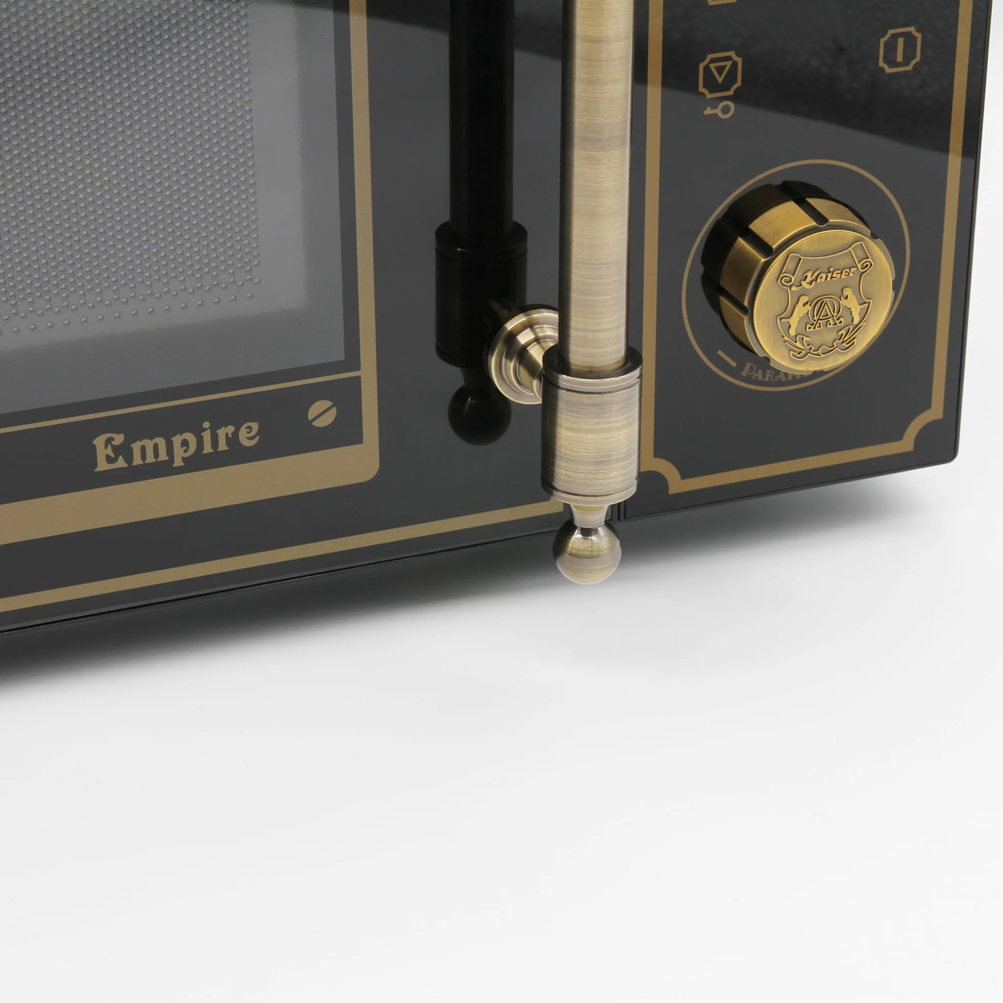 Kaiser Empire M 2530 Em Retro Mikrowelle in Schwarz | 25L | 1200W Grill | 2200W Heißluft | FullTouch-Bedienung mit Drehknebel | Glasfront | Türgriff aus echtem Metall Bronze | 25 Funktionen