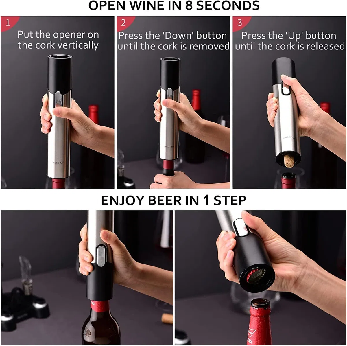CIRCLE JOY Elektrischer Korkenzieher, 7 in 1, wiederaufladbar, Geschenkset für Wein und Bier, mit Sockel, Folienschneider, Weinbelüfter, Vakuumpumpe und 2 Weinkorken