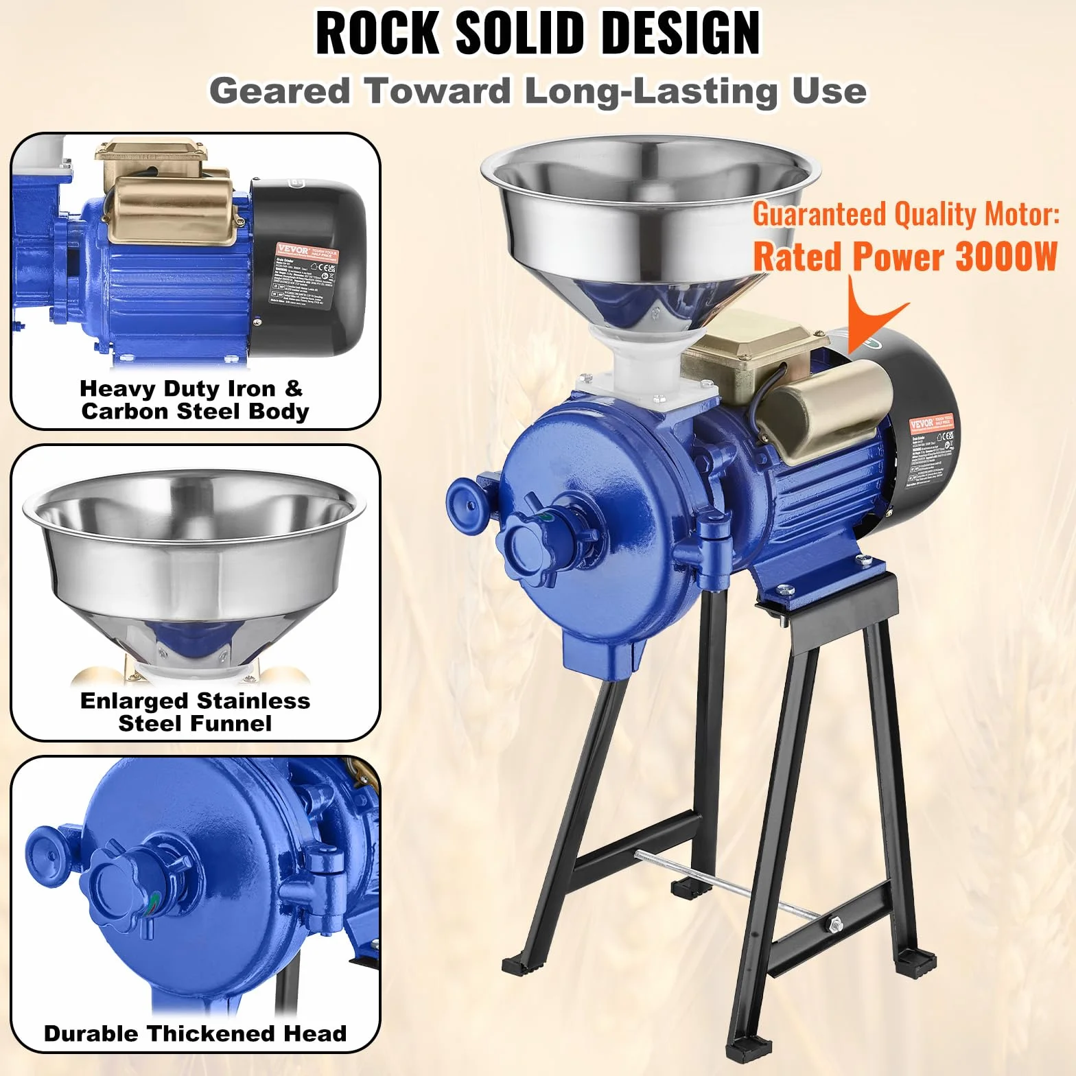VEVOR elektrische Getreidemühle Gewürzmühlen 3 kW, kommerzielle Maismühle mit Trichter, Pulvermaschine mit einstellbarer Stärke, Hochleistungs-Futtermehl-Müslimühle, Weizenmühle, Trockenmühle