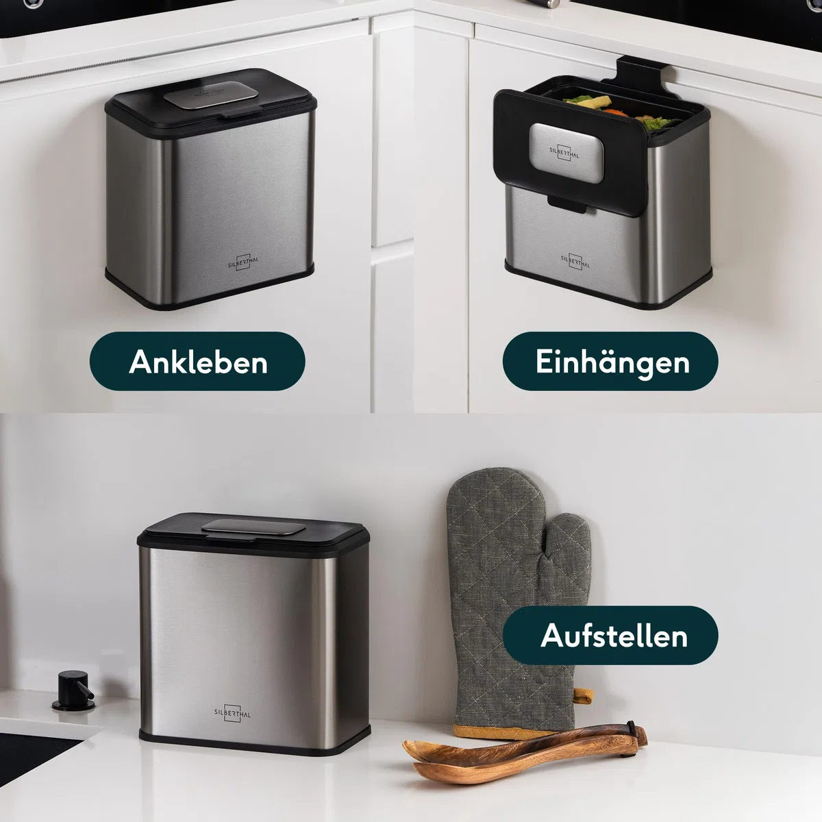 SILBERTHAL Biomülleimer Küche klein - 4L - Edelstahl - Mit Deckel - Geruchsarmer Komposteimer für die Küche - Mit Aktivkohlefilter - Innenbehälter spülmaschinenfest