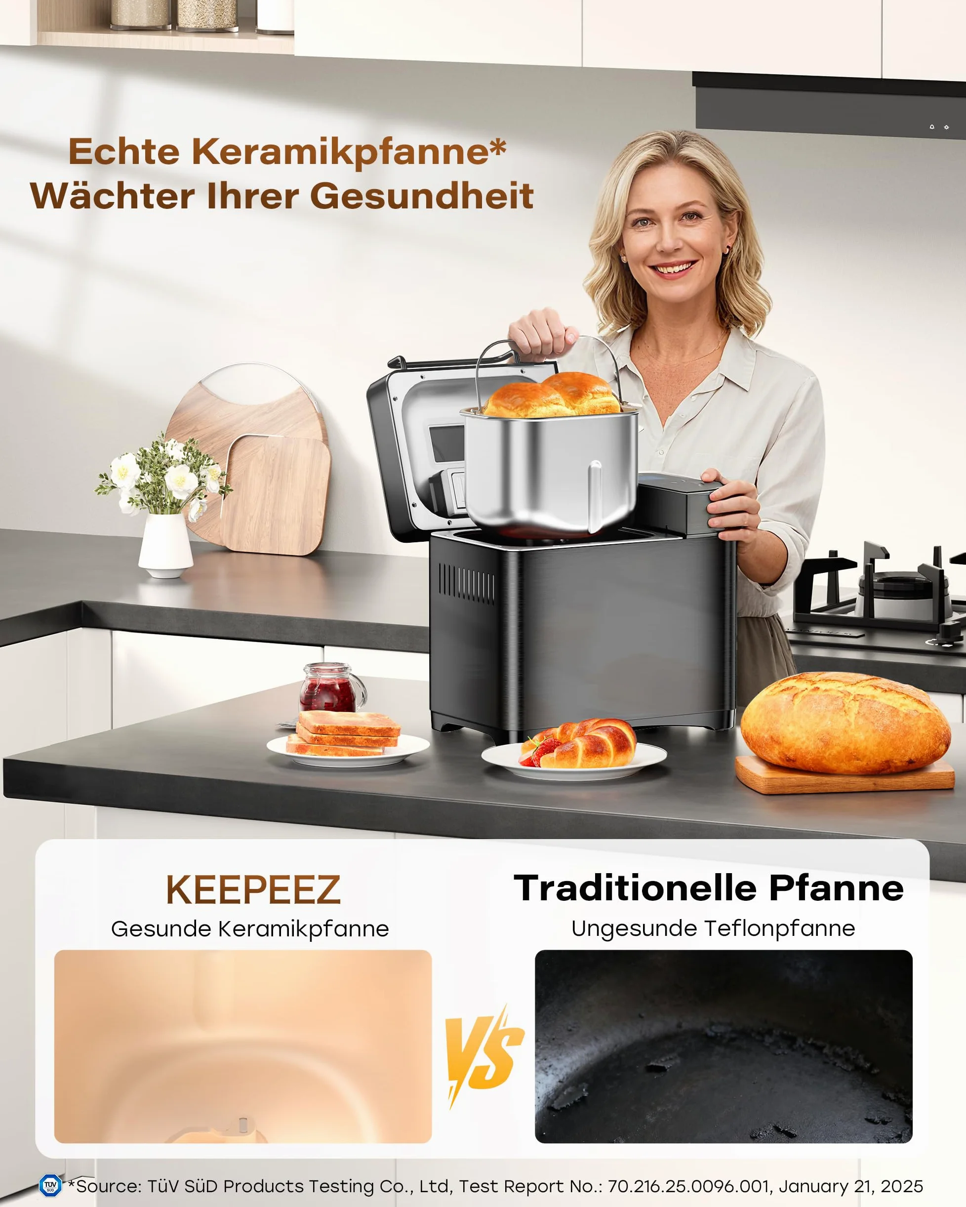 Pro 17-in-1 Vollautomatische Edelstahl Brotbackautomat mit Gesundem Keramik-Brotpfanne, 710W Konvektions-Brotmaschine, 1kg-Kapazität, Automatischem Nuss-Dispenser, Intelligentes Touchpanel