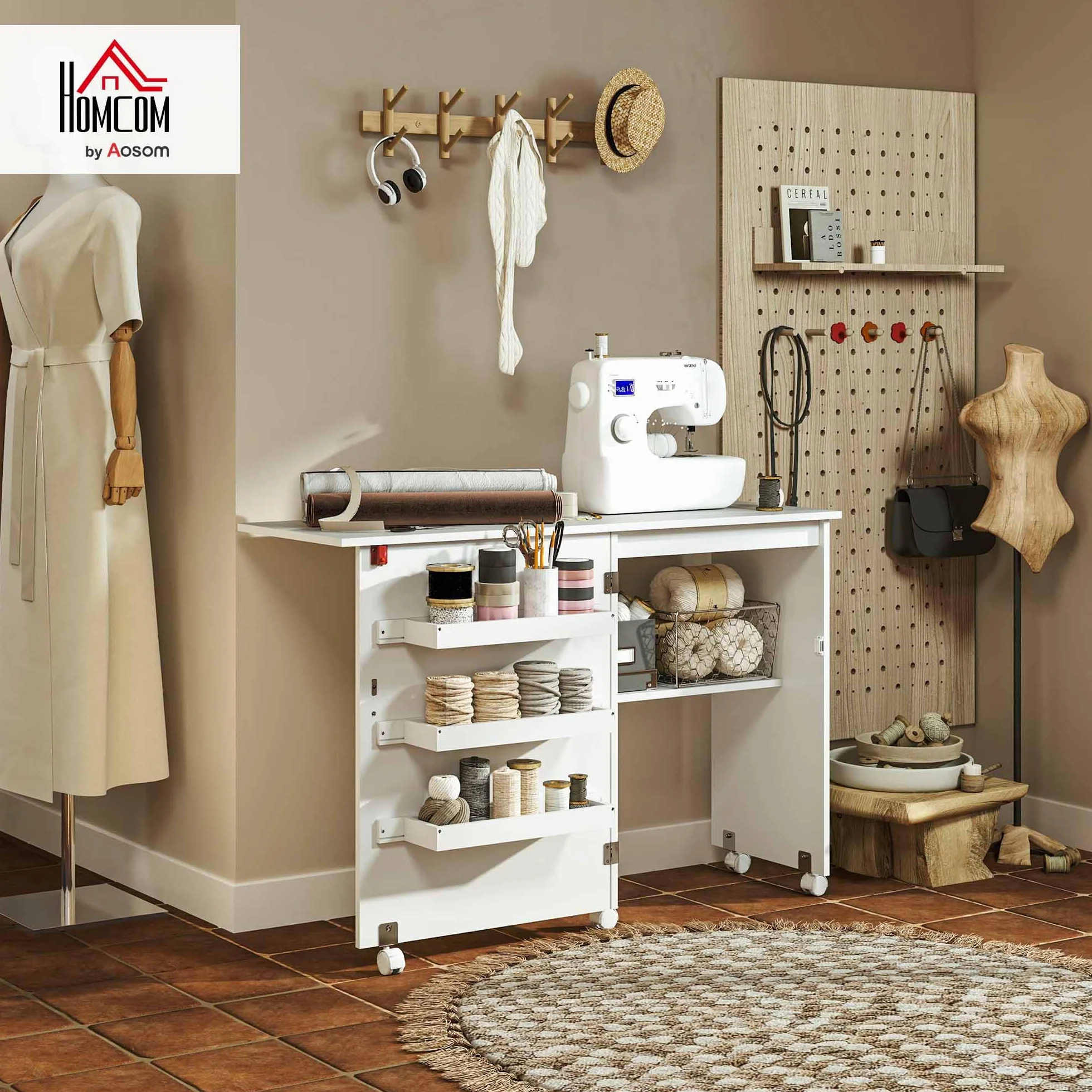 HOMCOM Nähtisch klappbar Nähmöbel mit Klappe mit Ablagefächern, offenem Regal und Rollen, Nähmaschinenmöbel, für Wohnzimmer, Büro, Studio, ABM. 118 x 40 x 79,5 cm, weiß