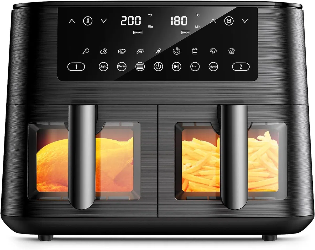 Heißluftfritteuse 2 kammern mit Sichtfenster, 9L Airfryer, 2 Fächer, 9-in-1, Touchscreen, Spülmaschinenfeste Körbe, Antihaftbeschichtete Frittierkörbe, Gesunde Friteuse ohne Öl und fettarmes Kochen