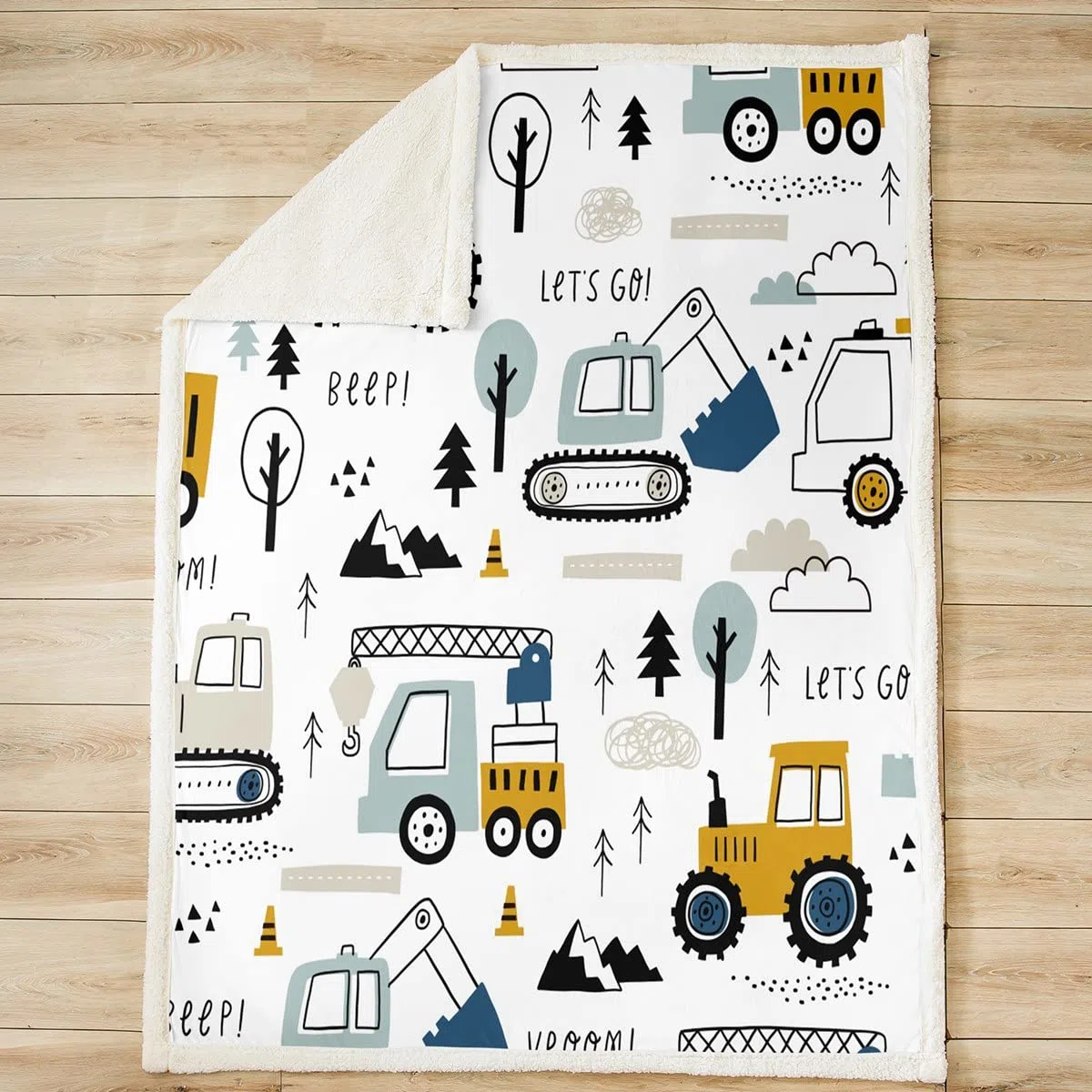 Loussiesd Auto Wohndecke Kinder Jugend 150x200cm Karikatur Bagger Kran Zugmaschine Dekor Kuscheldecke Mädchen Jugendliche Schlafzimmer LKW Traktor Flanell Fleecedecke Weiß Gelb