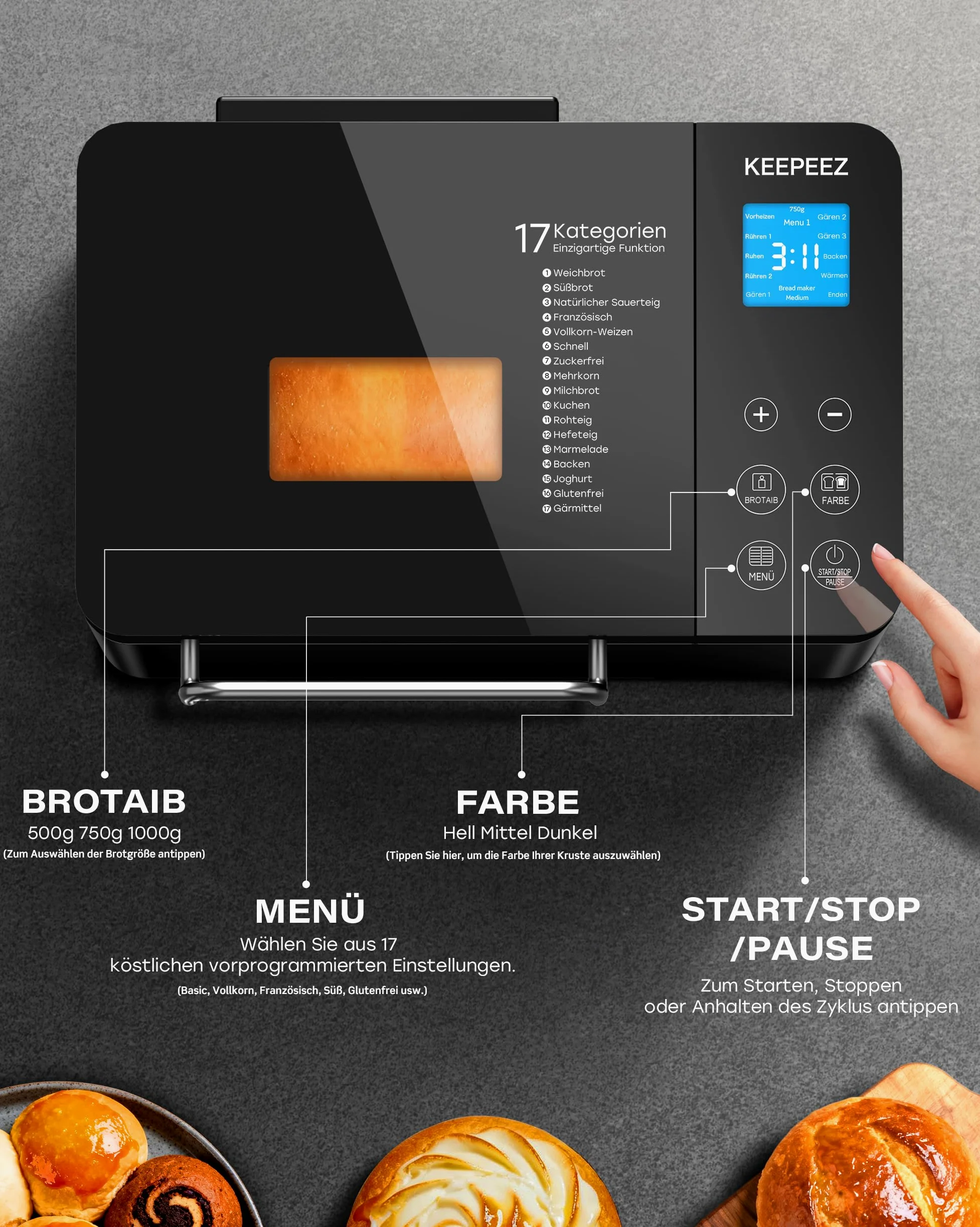 Pro 17-in-1 Vollautomatische Edelstahl Brotbackautomat mit Gesundem Keramik-Brotpfanne, 710W Konvektions-Brotmaschine, 1kg-Kapazität, Automatischem Nuss-Dispenser, Intelligentes Touchpanel