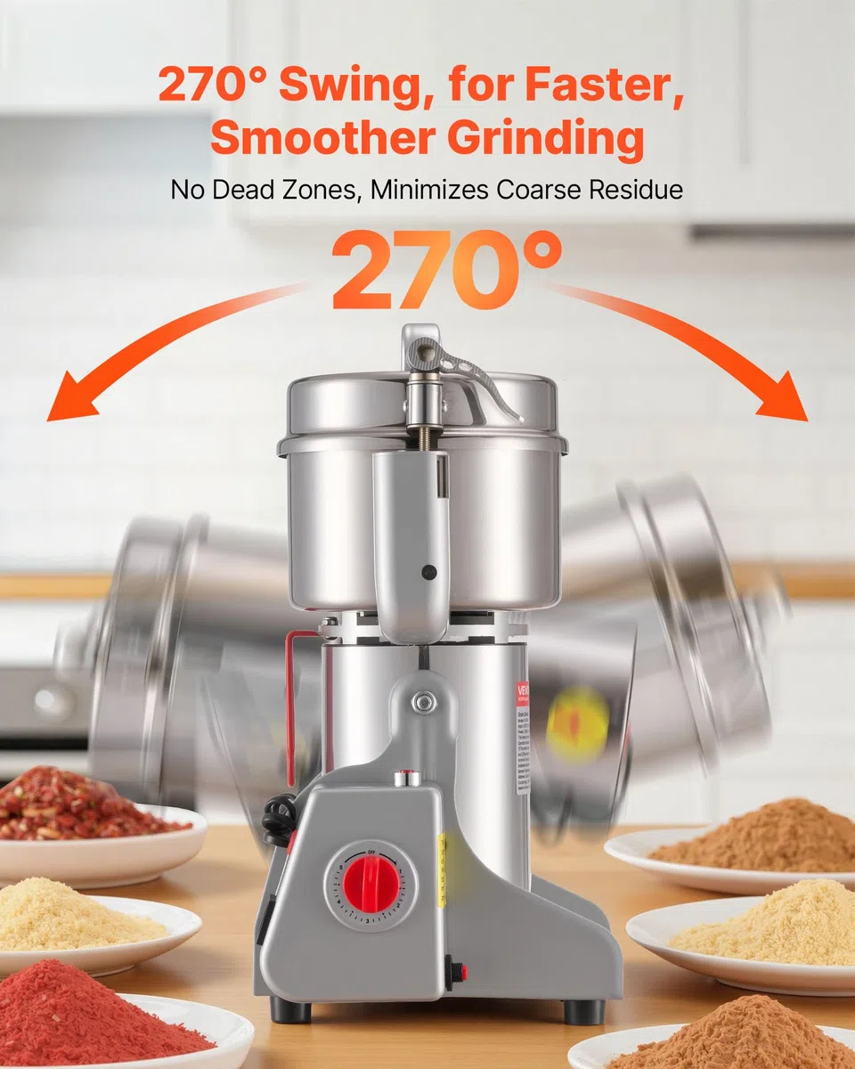 VEVOR Elektrische Getreidemühle 800 g, Getreidemühle 2100 W Edelstahl, Gewürzmühle für Trockenes Getreide Gewürze Müsli Kaffee Mais Pfeffer, Schwenktyp Pulverisiermaschine 220x190x375 mm