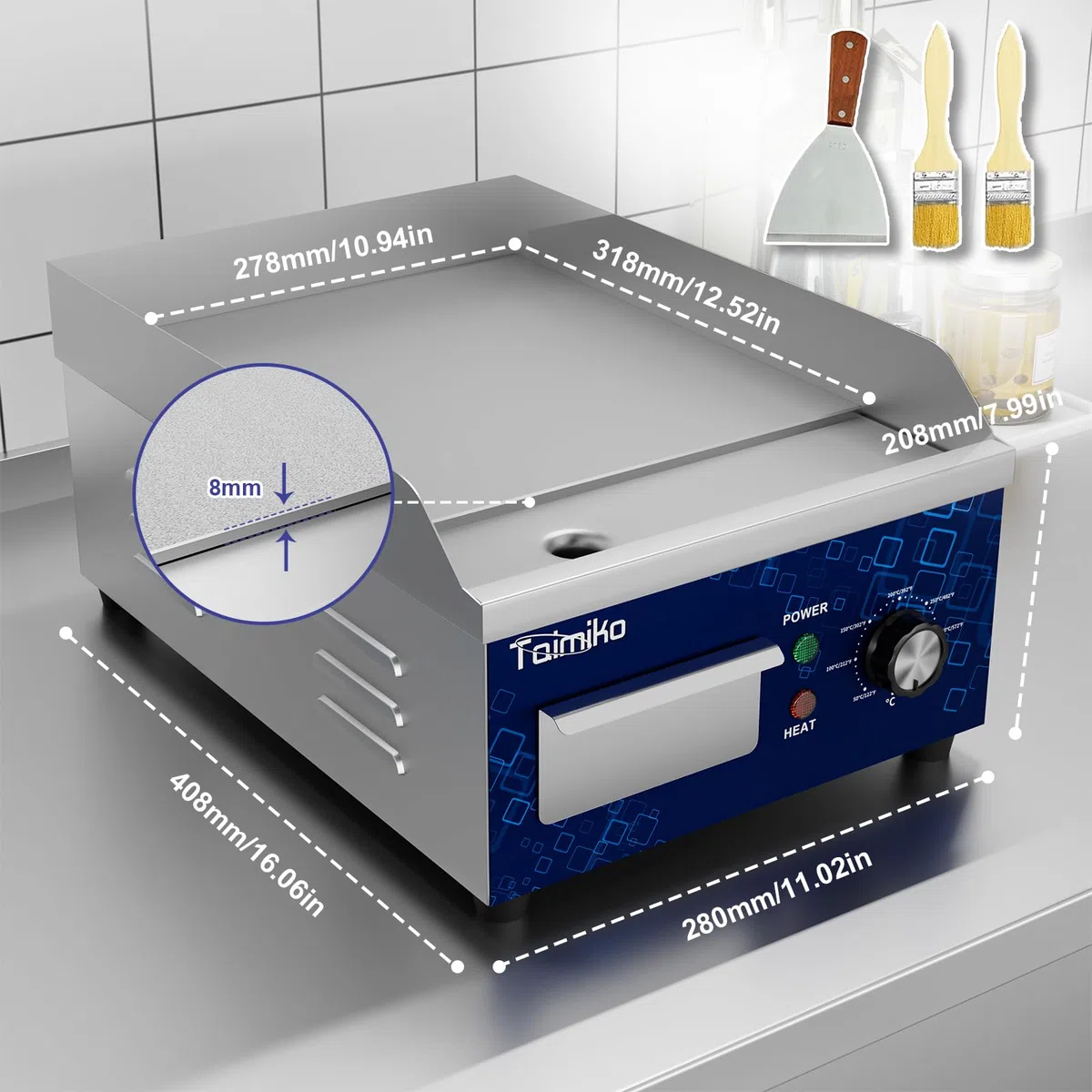 TAIMIKO Elektrische Grillplatte glatt 1700 W Elektro-Grillplatte Edelstahl Gusseisen Gastro Griddleplatte Präzise Temperaturregelung