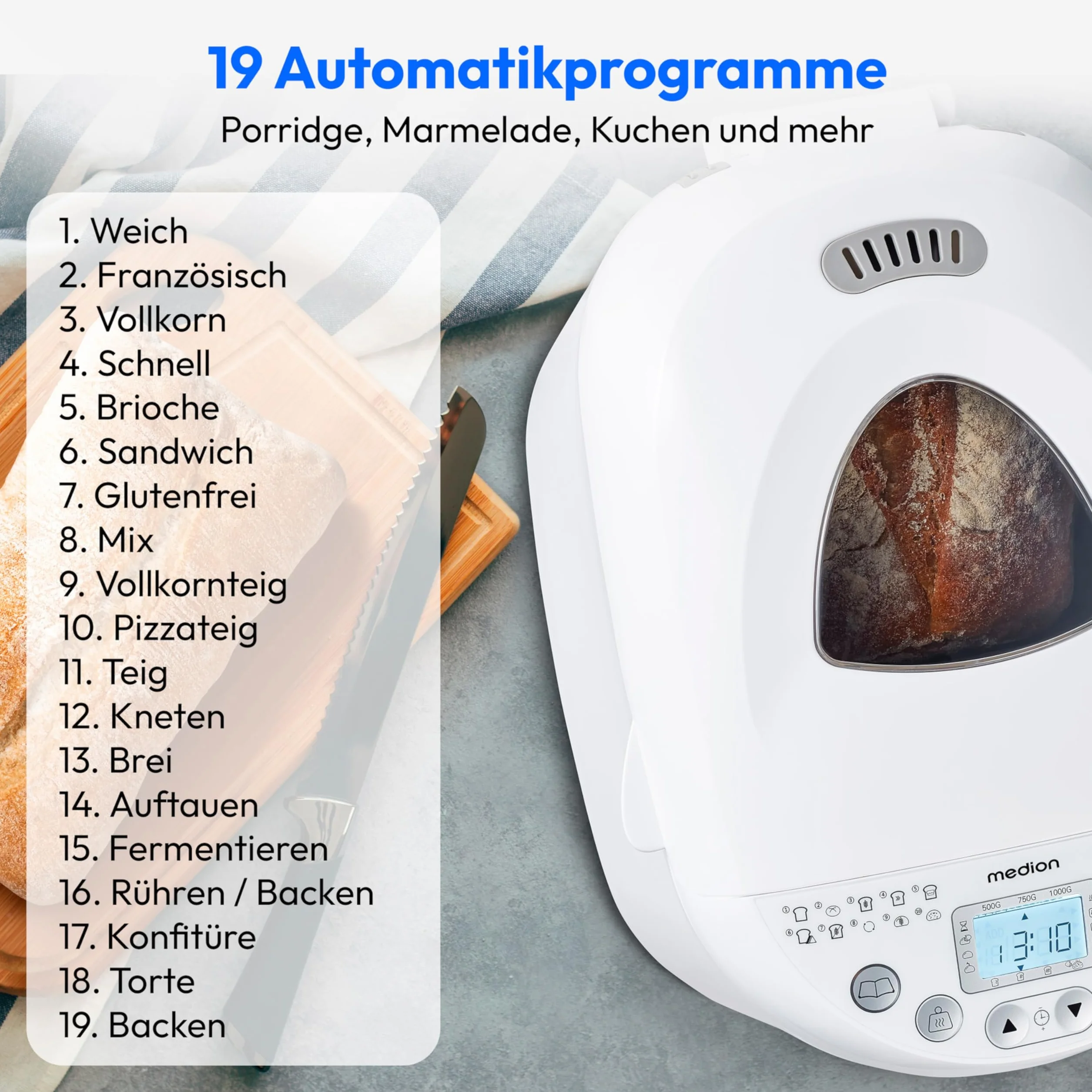 MEDION Brotbackautomat (Brotbackmaschine, 550 Watt, bis zu 1000g, 19 Backprogramme, 3 Bräunungsgrade, Warmhaltefunktion, Zeitvorwahl MD 11011)