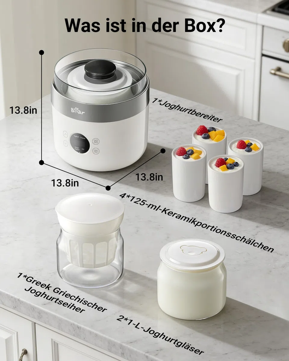 Bear Joghurtbereiter Joghurt- und Frischkäsebereiter, inkl. 4 Keramik Portionsbecher à 125 ml, 2 XXL Glasbehälter à 1 Liter, 4 voreingestellte Programme für Griechischer Joghurt, Käse