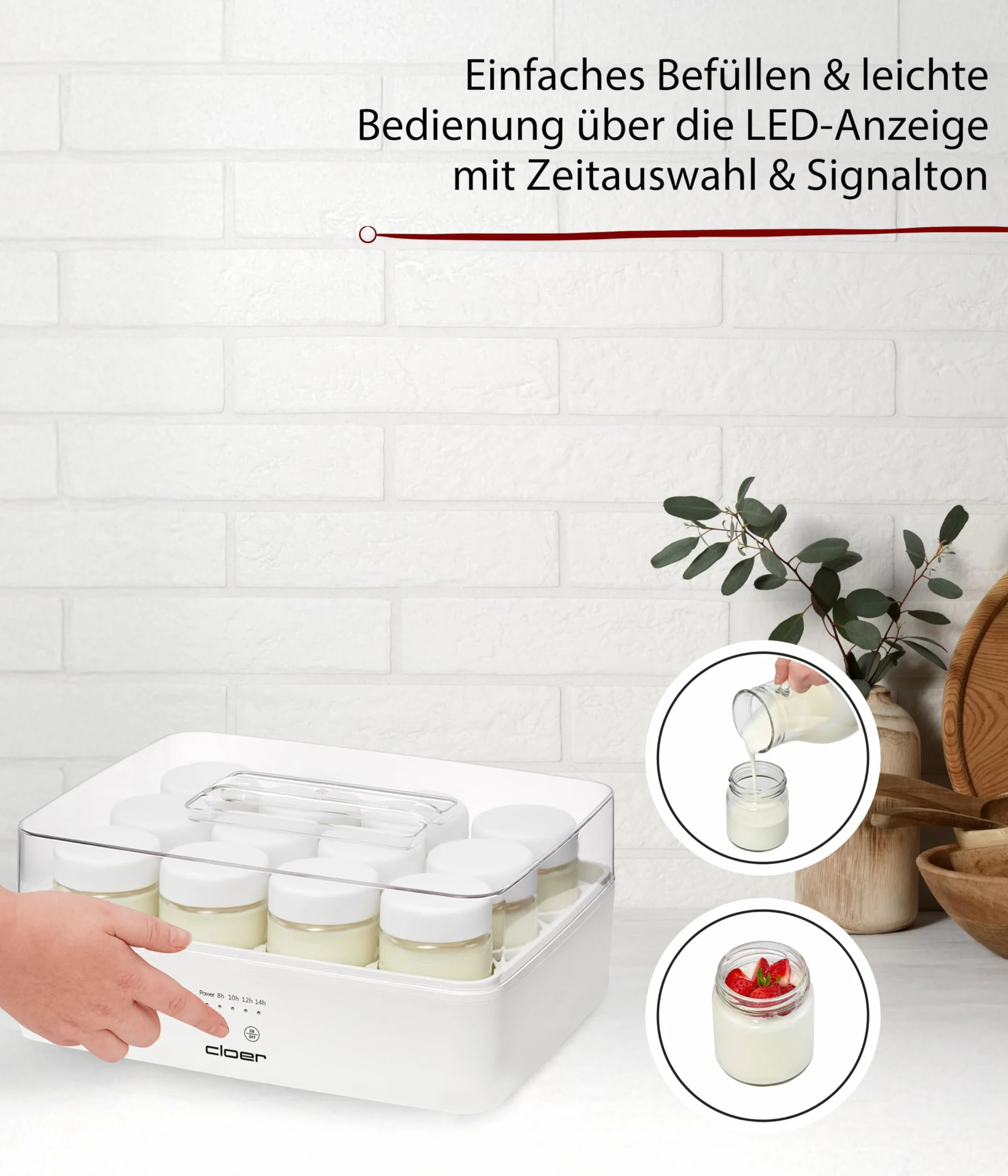 Cloer 9921 Joghurtbereiter für 12 Gläser à 150 ml, Joghurtmaschine für selbstgemachten Joghurt, Timer 8-14 h, LED-Anzeige, Signalton, Kunststoffgehäuse mit transparentem Deckel, Weiß, 17 W