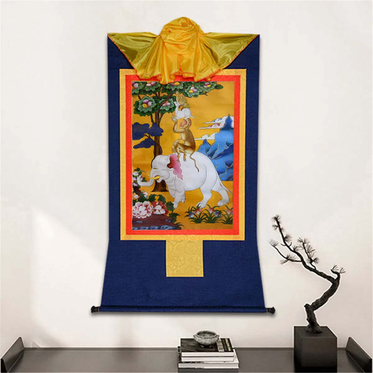 Gandhanra Thangka Tibetische Wandbehang,Vier harmonische Tiere Thangka,Heißgeprägter Buddha Wandteppich für Zen Wohnkultur, Meditation, Spirituelle Entspannung und Ruhe
