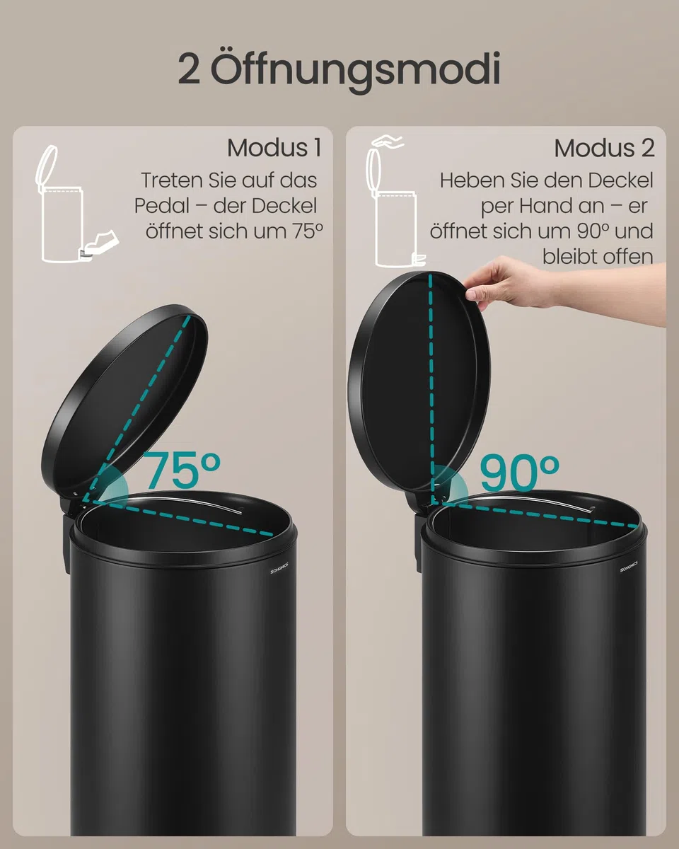 SONGMICS Mülleimer Küche, rund, Abfalleimer, 15 Müllbeutel, Tretmülleimer mit Metall-Pedal, herausnehmbarer Inneneimer aus Kunststoff, Griff, Softclose-Deckel, Stahl, 30 L, tintenschwarz LTB031BZ02