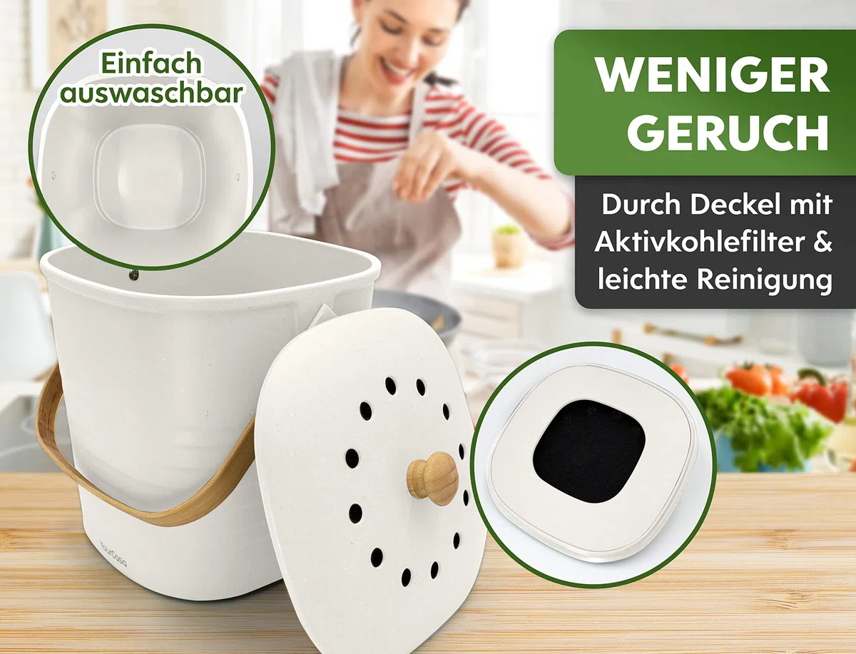YourCasa Biomülleimer Küche klein 4L geruchsdicht für Biomüll - Komposteimer mit Aktivkohlefilter - nachhaltiger Bio Mülleimer mit Deckel Abfalleimer Behälter Bioabfallbehälter Biotonne (4L Weiss)