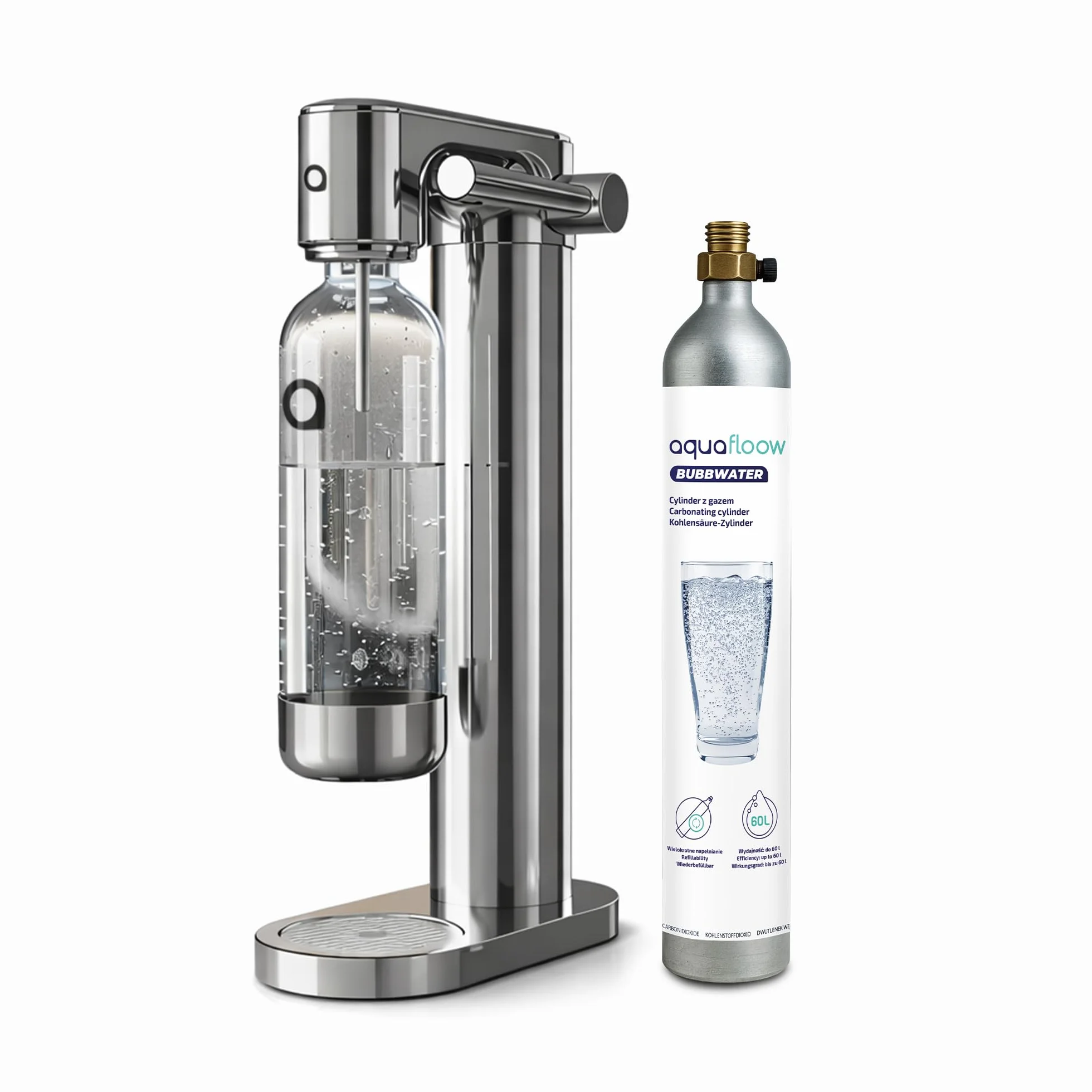 Aquafloow Wassersprudler aus Edelstahl – Manuelle Sprudelwasserbereitung mit CO₂-Zylinder bis zu 60 L, BPA-freie 0,8 L Kunststoffflasche mit Edelstahlboden für Zuhause, Soda Maker