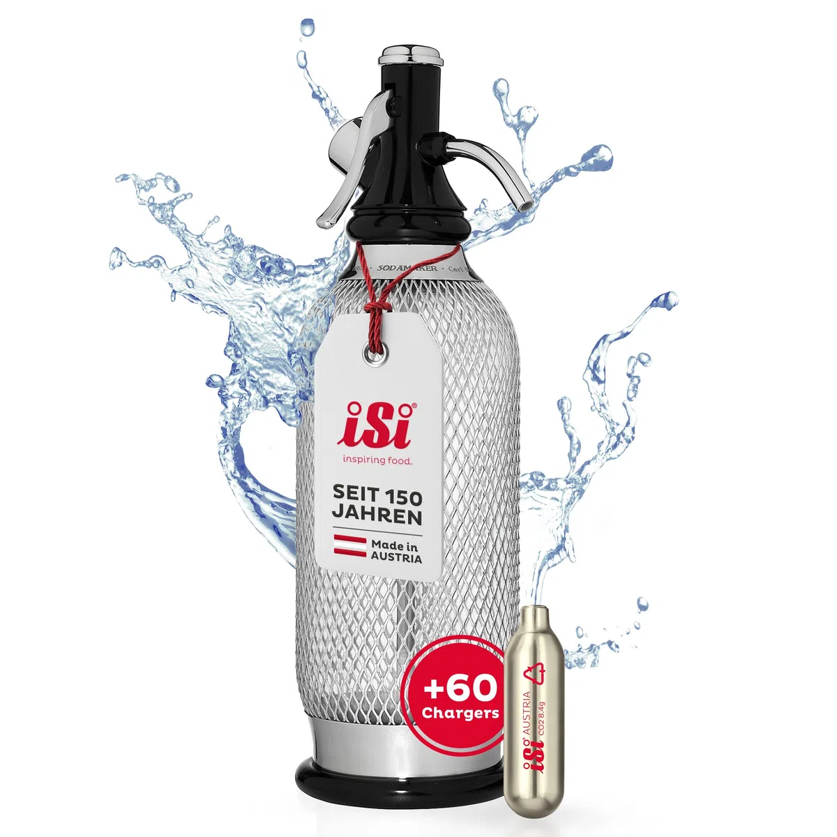 ISI Soda Maker Classic 1L inkl. 6 x 10 CO2 Kapseln für Soda & Sprudel - Vintage Wassersprudler Set aus PEN-Flasche mit 100% Edelstahlgewebe + CO2 Kartuschen - Wasser Sprudler - Bar Zubehör