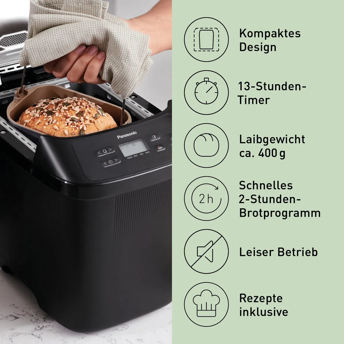 Panasonic SD-PN100KXE Mini Brotbackautomat - Kompakter Brotbackmaschine mit 18 Automatikprogrammen, Glutenfrei-Optionen, Dualen Temperatursensoren, Handwerkskunst-Knetsystem, Einfache Bedienung