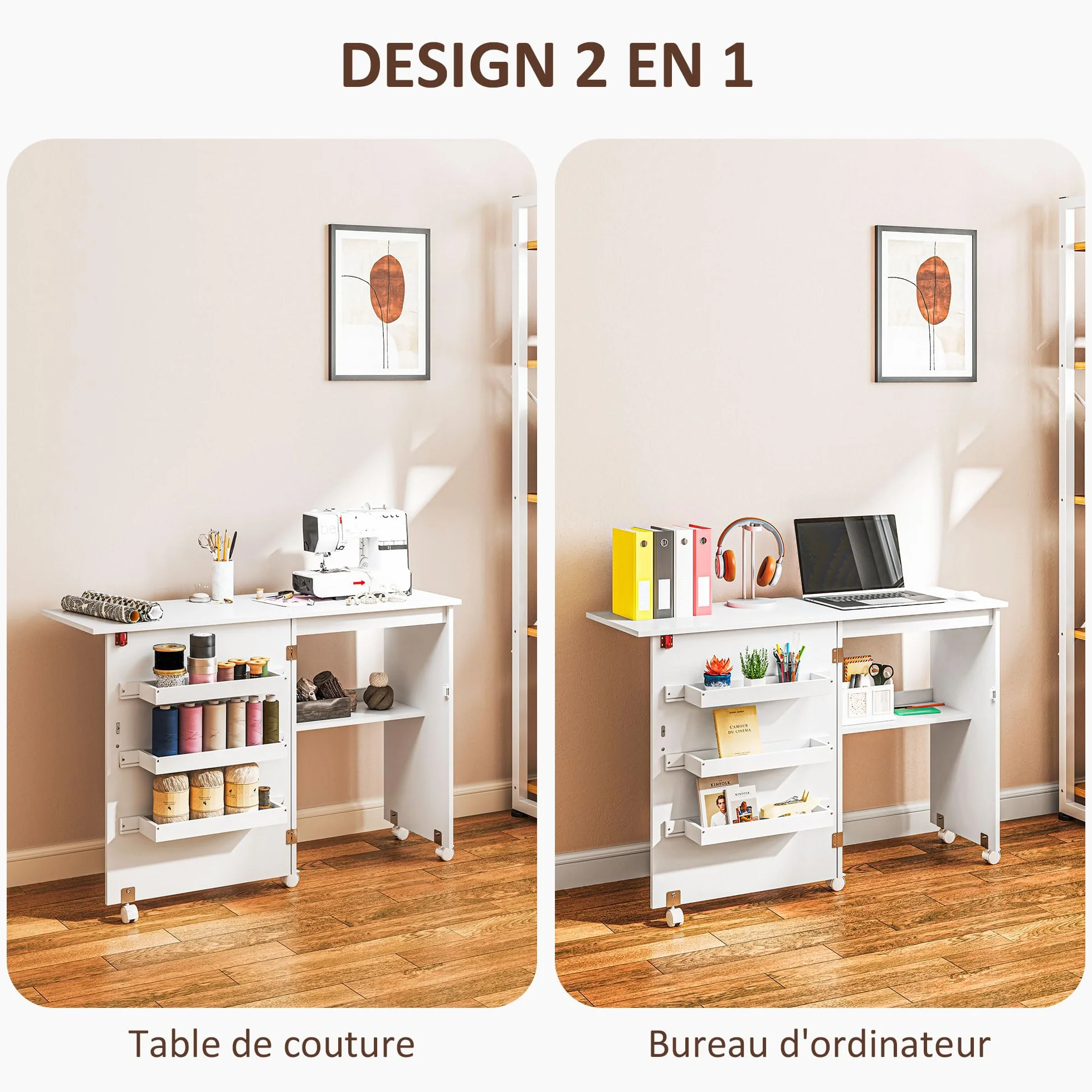 HOMCOM Nähtisch klappbar Nähmöbel mit Klappe mit Ablagefächern, offenem Regal und Rollen, Nähmaschinenmöbel, für Wohnzimmer, Büro, Studio, ABM. 118 x 40 x 79,5 cm, weiß