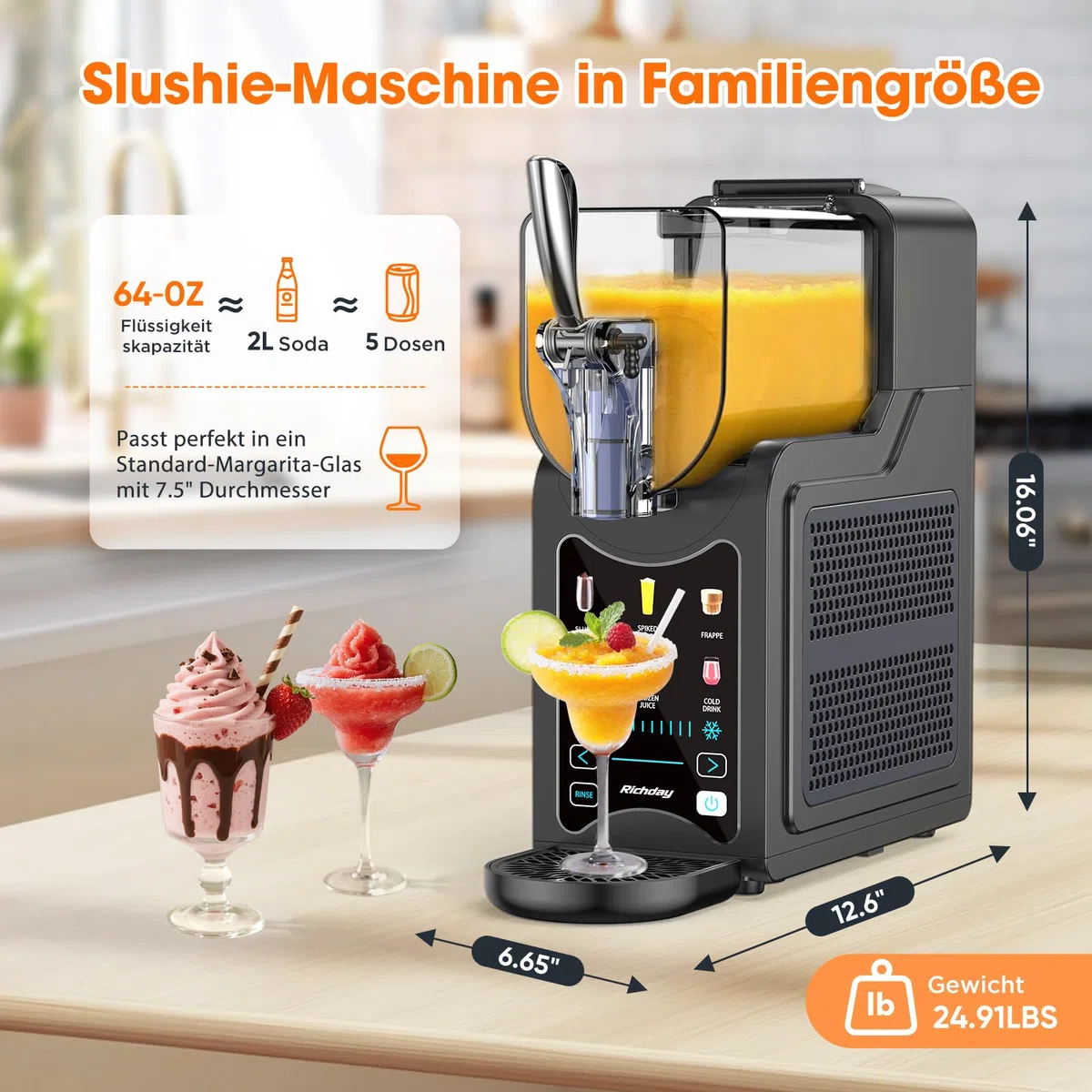 Richday Slush Eis Maschine, 2L Kapazität, LED Display, WhisperChill Technologie, 6 Programme, für Milchshakes, Frappés, Margaritas, Softeismaschine