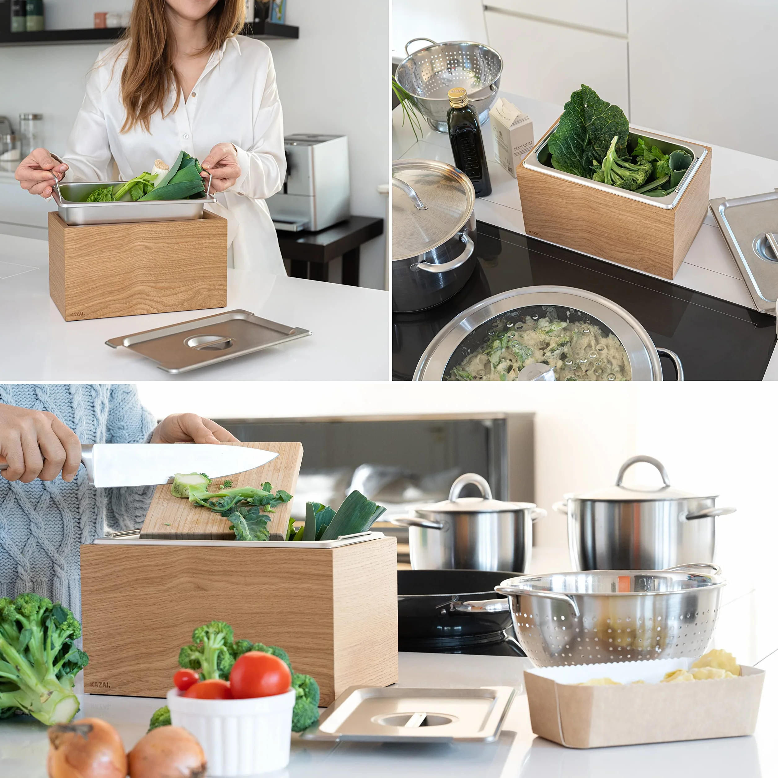 KAZAI. Design Bio-Mülleimer -Holma- | 4.5L, Spülmaschinenfest und aus Echtholz-Veneer | Küchen Komposteimer für Bio-Abfall | Eiche
