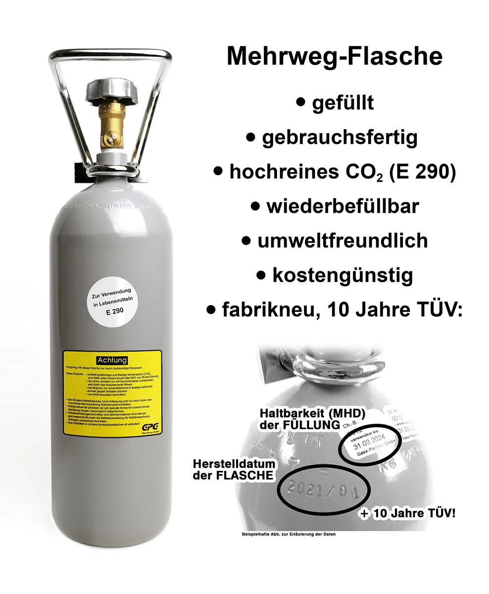 2 kg Kohlensäure Flasche/Gasflasche gefüllt mit 2 kg Kohlensäure (CO2) / Lebensmittelqualität nach E290 / NEUE Eigentumsflasche / 10 Jahre TÜV