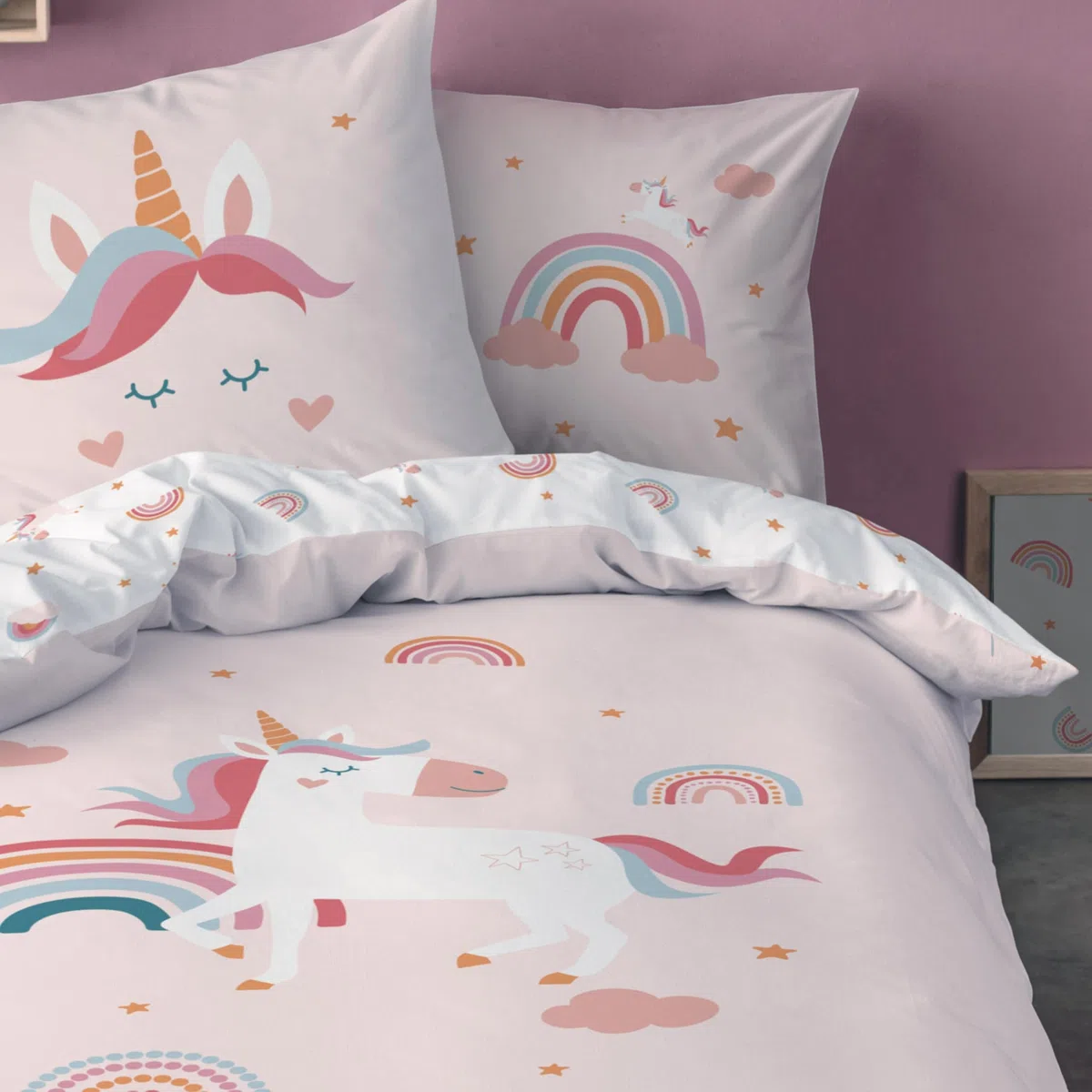 MTOnlinehandel Unicorn Bettwäsche Kinderbettwäsche Jugendbettwäsche 135x200 · Regenbogen Einhorn Emma · Wende Motiv · Kissenbezug 80x80 + Bettbezug 135x200 cm · 100% Baumwolle