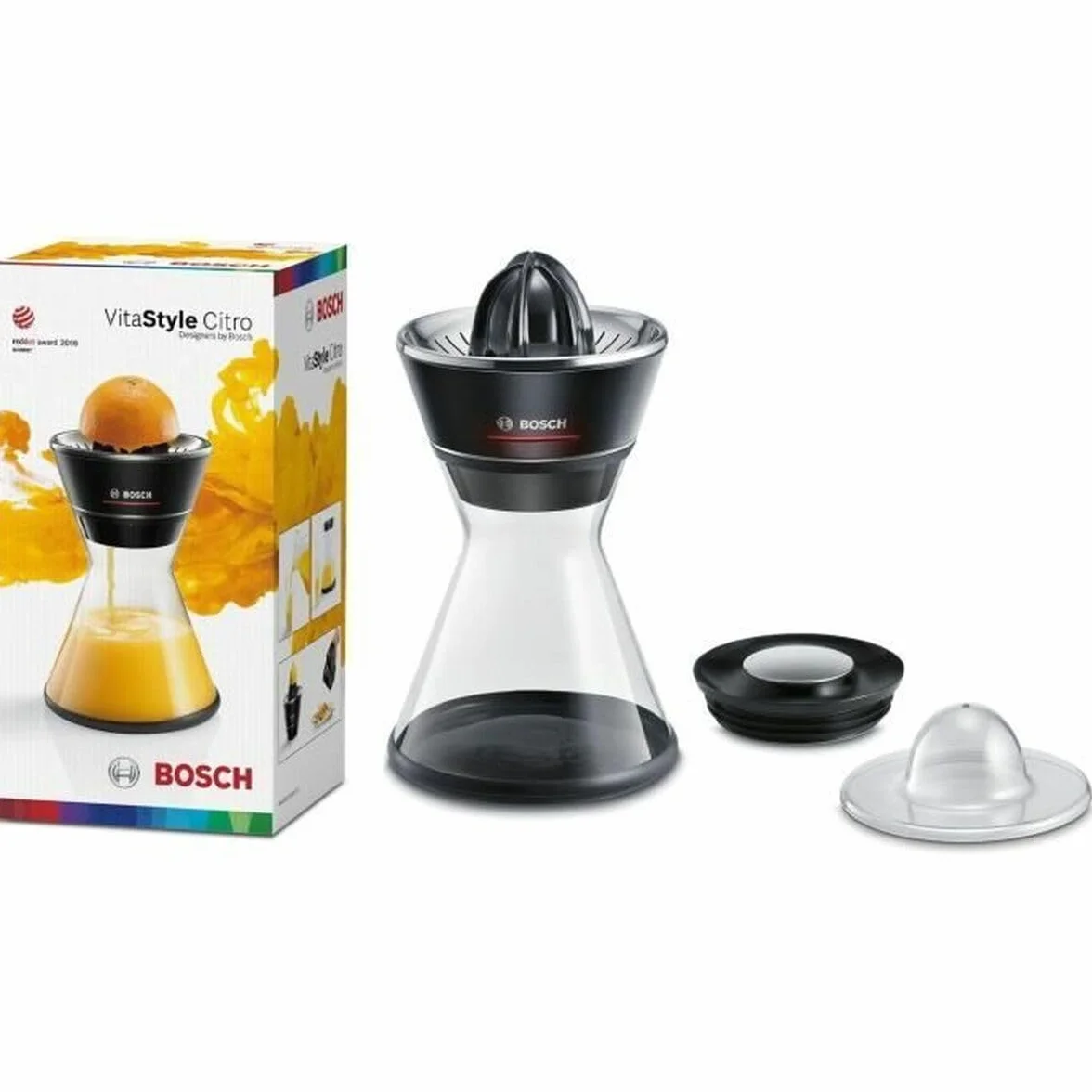 Bosch Zitruspresse VitaStyle Citro MCP72GPB, Universal-Presskegel für kleine und große Früchte, 2-in-1 Entsafter und Zitruspresse, 1,0l Glas-Karaffe, BPA-frei, spülmaschinengeeignete Teile, 40 W