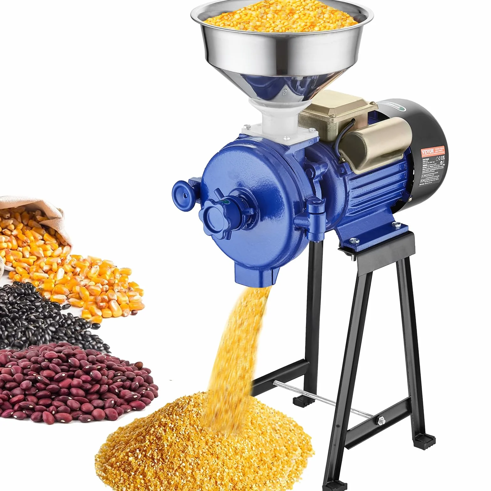 VEVOR elektrische Getreidemühle Gewürzmühlen 3 kW, kommerzielle Maismühle mit Trichter, Pulvermaschine mit einstellbarer Stärke, Hochleistungs-Futtermehl-Müslimühle, Weizenmühle, Trockenmühle