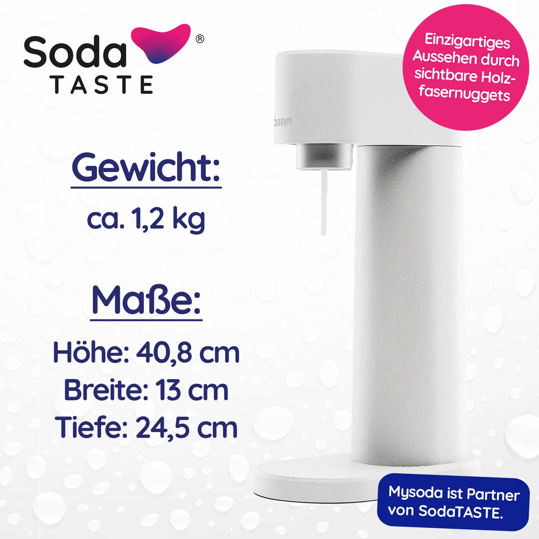 SodaTASTE Sparpaket: Mysoda Woody - Wassersprudler aus erneuerbarem Holzkomposit mit 1L BPA-freier Plastikflasche, CO2-Zylinder Classic + CO2-Zylinder Zitrone (Weiß)