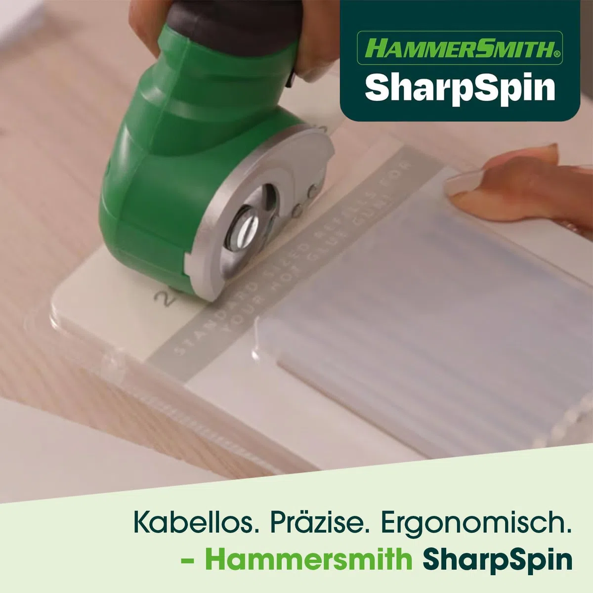 Hammersmith SharpSpin - Elektrische Schere kabellos - Kartonschneider, Akku Schere für Karton, Stoff, Leder, Teppich, PVC & Kunststoff - selbstschärfende Klinge - präzise Schneiden ohne Kraftaufwand