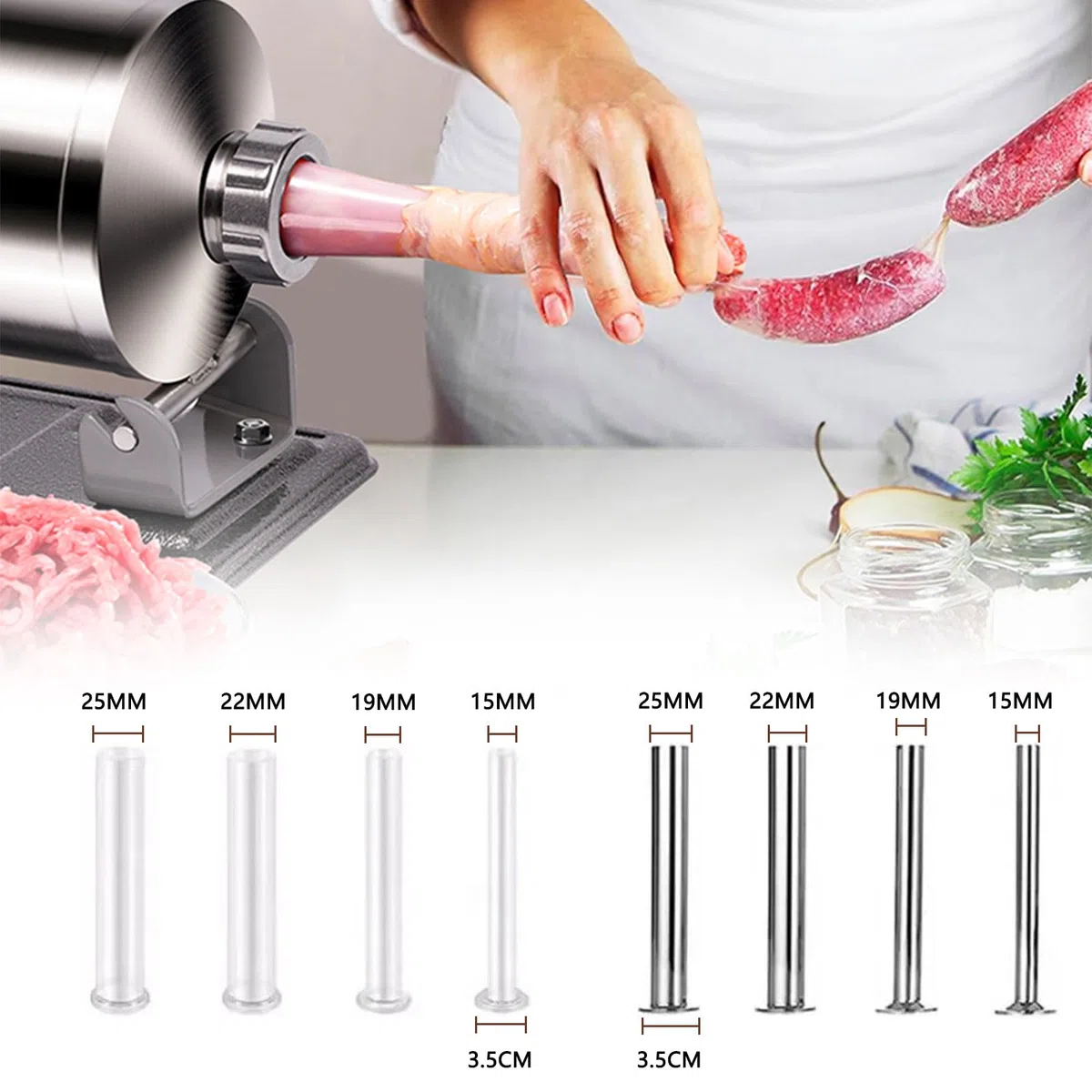 3 L Wurstfüller Manuell, Edelstahl Wurstmaschine mit 8 Füllschläuchen, Horizontale Fleischfüllmaschine für den Privaten und Gewerblichen Gebrauch