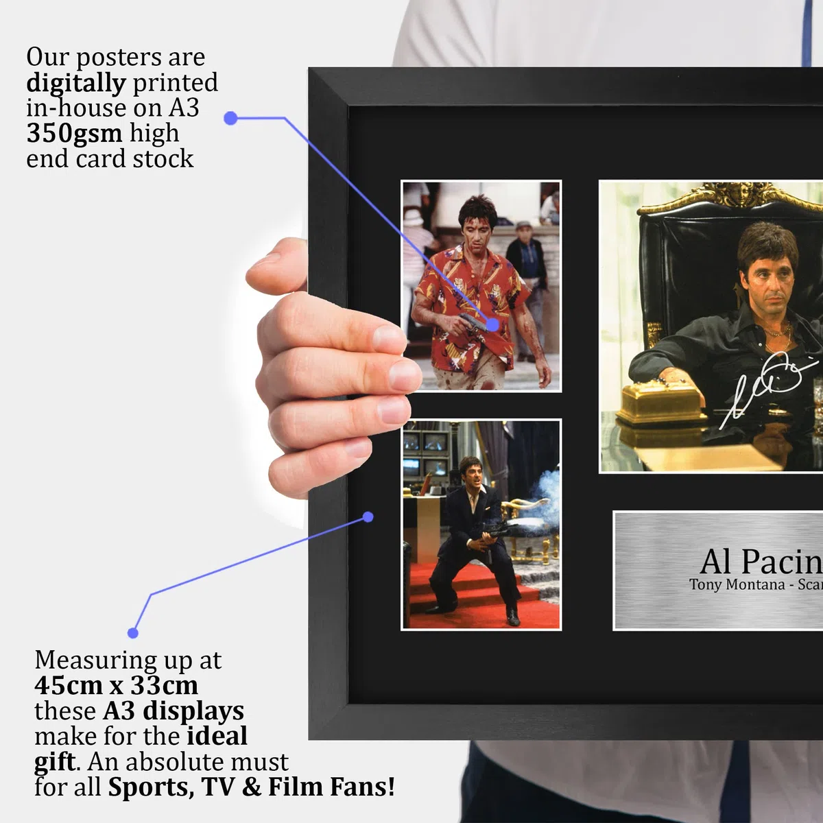 HWC Trading FR A3 Al Pacino Scarface Tony Montana Geschenke Geducktes Signiertes Autogramm Foto für Fans von Film Memorabilien - A3 Gerahmt