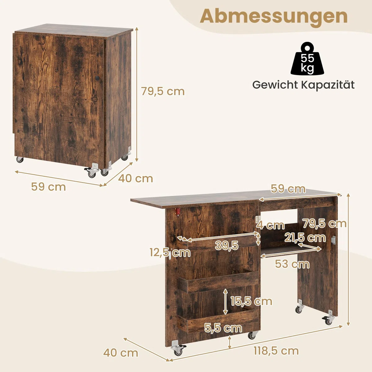 COSTWAY 2 in 1 Nähschrank & Schreibtisch klappbar, Nähtisch aus Holz mit 3 Einlegeböden für Spulen & feststellbare Rollen, Nähmaschinenschrank für Wohnzimmer, Schlafzimmer & Büro (Braun)