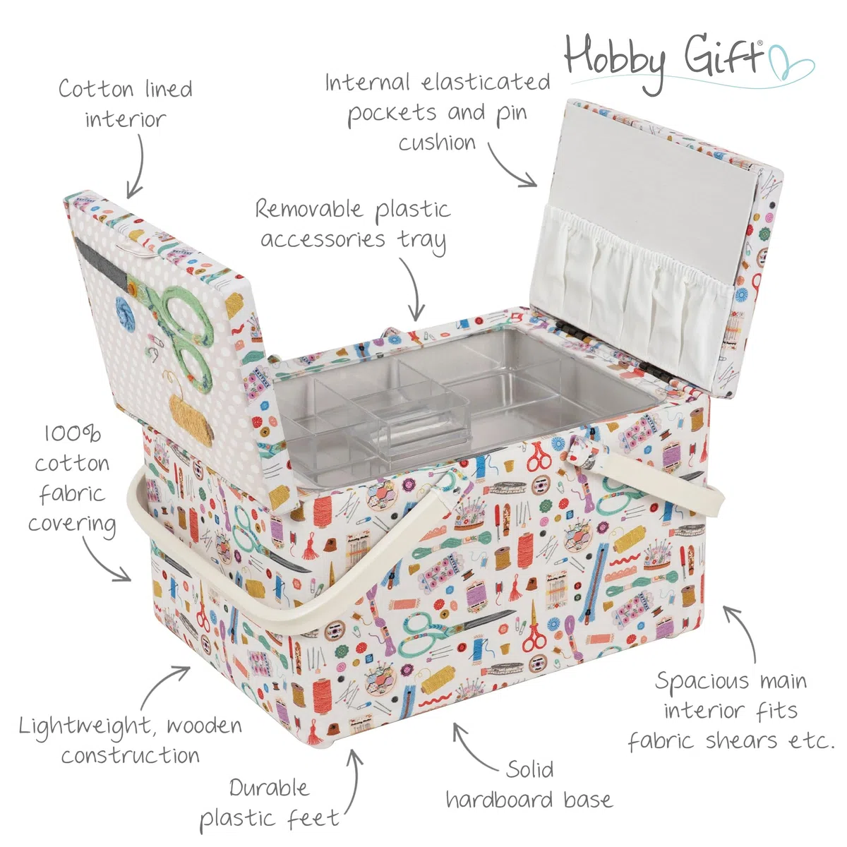 Hobby Gift Große Aufbewahrungsbox zum Nähen und Basteln mit Doppeldeckel, appliziert, bestickt, Haby Notions