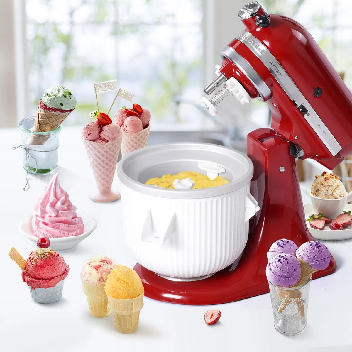 Gdrtwwh Eismaschine Aufsatz für Kitchenaid Standmixer, Eismaschine und Sorbet Gelato Maker, passend für Kitchenaid 4,3 L und 4.8 L Schüsselheber (spülmaschinenfest)