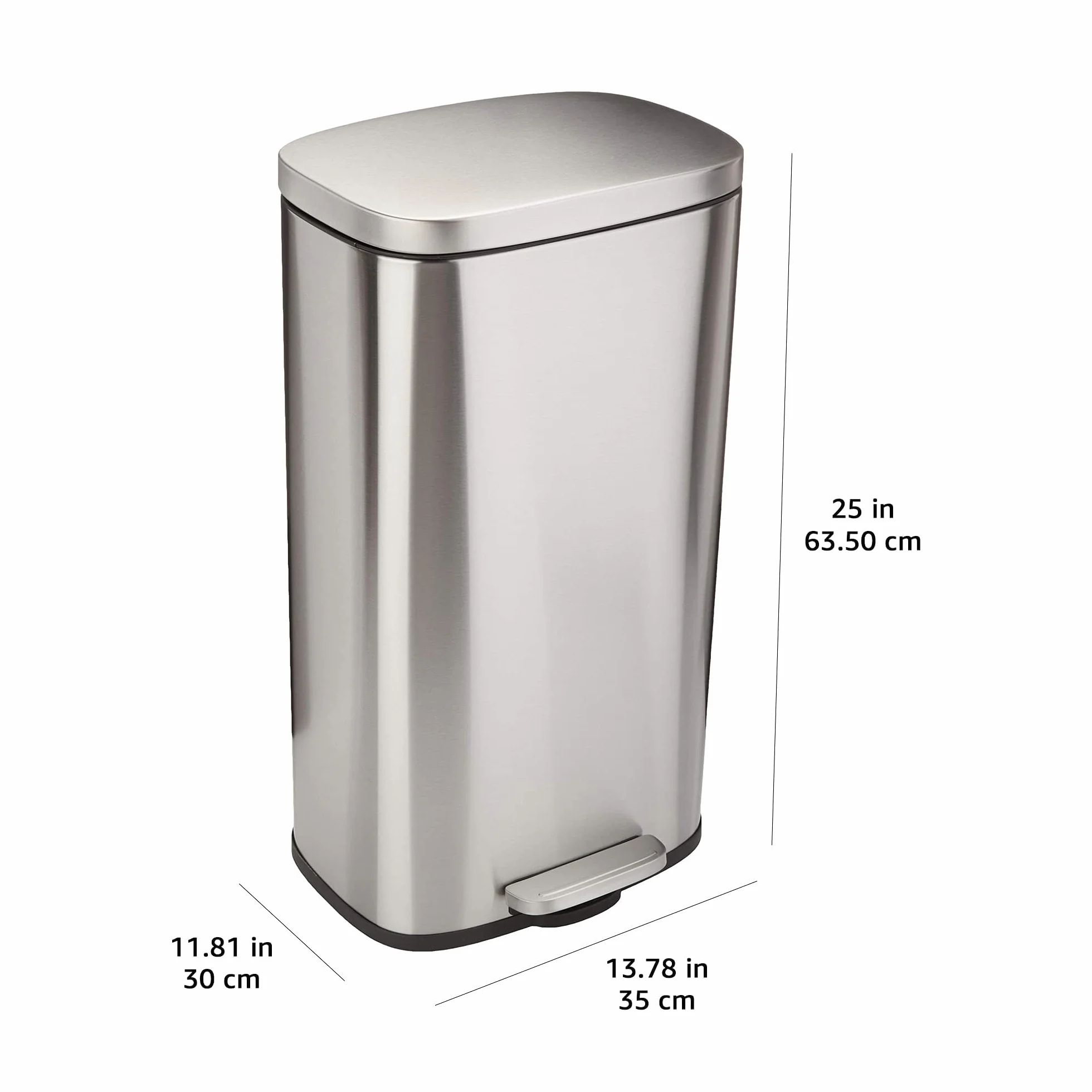 Amazon Basics 30 l Rechteckig Mülleimer für die Küche mit Stahlrohrpedal - 7.9 gallons Sanft Schließend mit Deckel, für Küche, Bad oder Büro, Satiniertes Nickel
