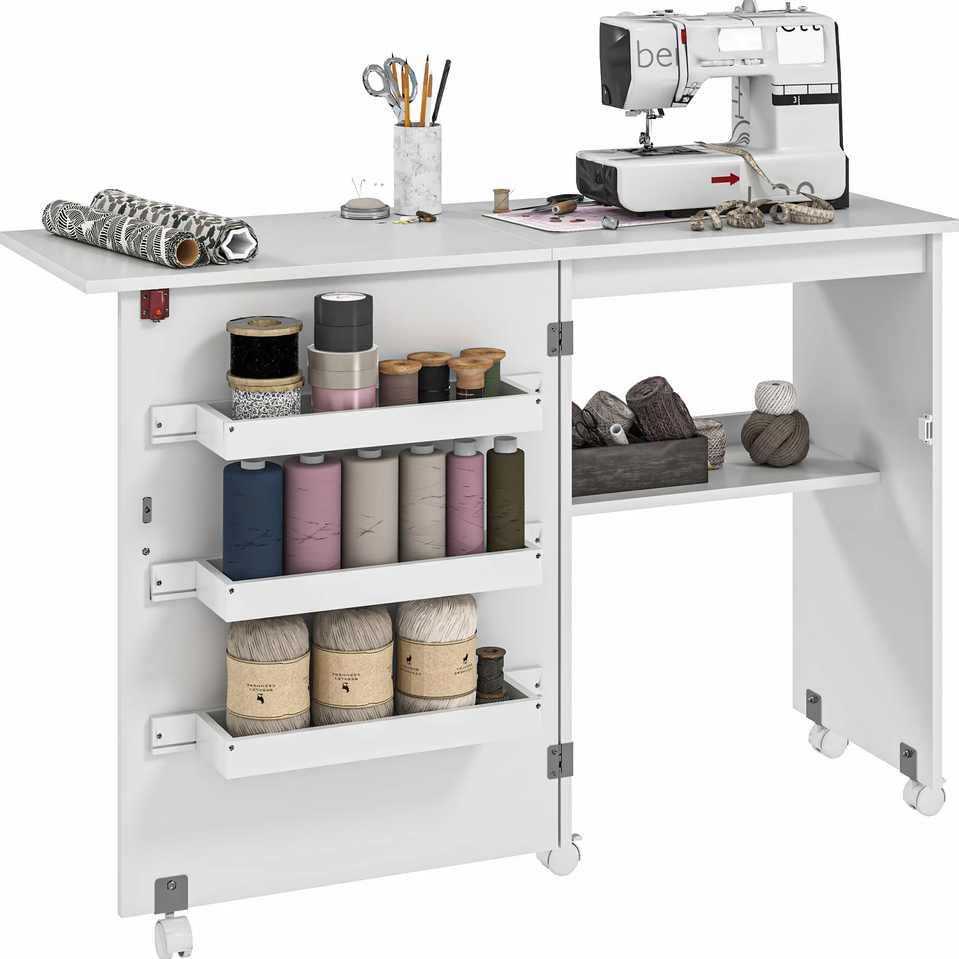 HOMCOM Nähtisch klappbar Nähmöbel mit Klappe mit Ablagefächern, offenem Regal und Rollen, Nähmaschinenmöbel, für Wohnzimmer, Büro, Studio, ABM. 118 x 40 x 79,5 cm, weiß