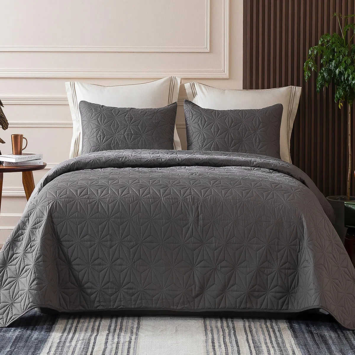Whale Flotilla Tagesdecke Bettüberwurf 170x220 cm Bedspread mit 1 Kissenbezüge - Weiche und Leichte Steppdecke mit Geometrischem Muster für 4-Jahreszeiten, Grau