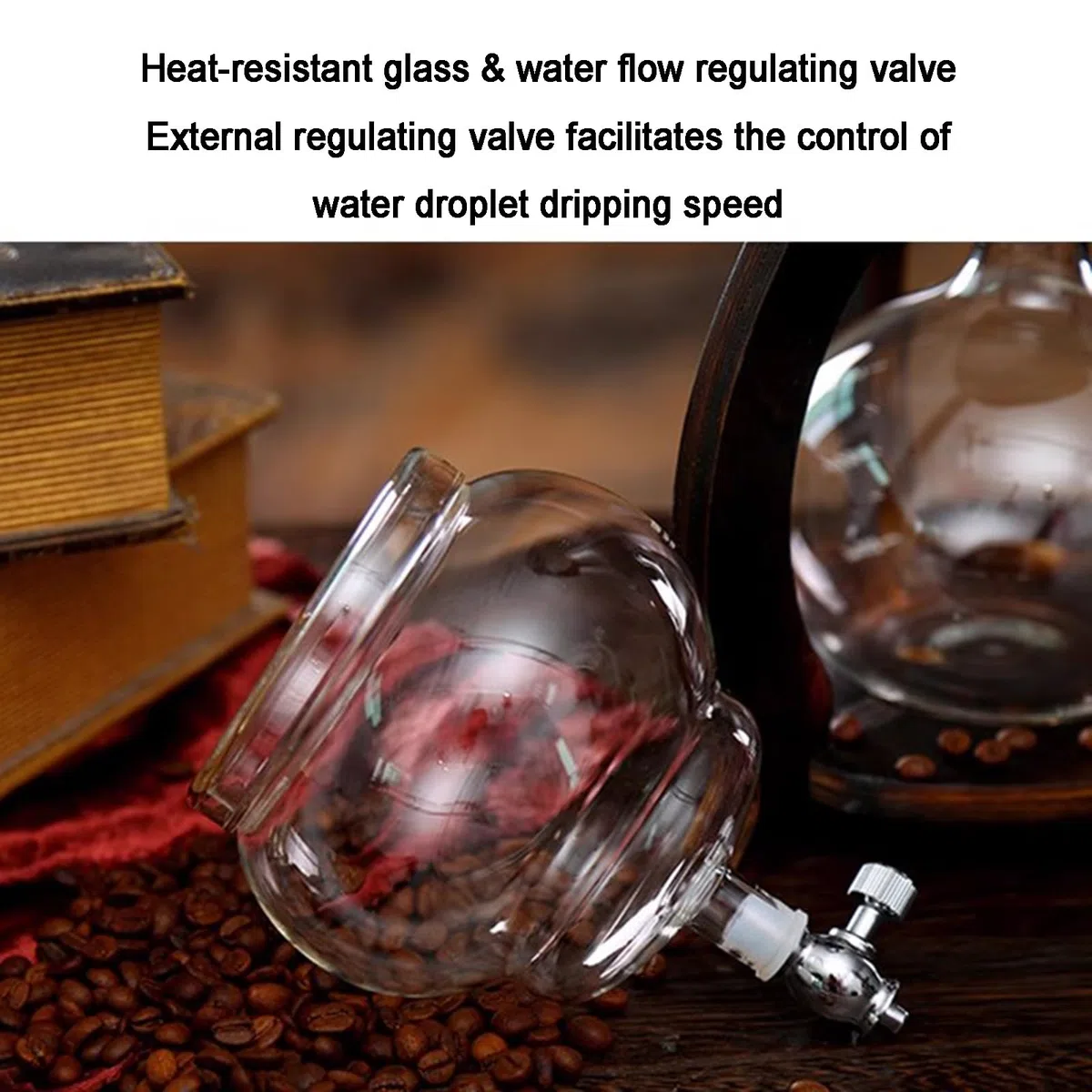 Cold Brew Kaffeeturm, Eisfilterkaffeemaschine Mit Doppelventil – Slow Drip-Technologie, Holzständer, Großes Fassungsvermögen 600 Ml, Für Das Homeoffice
